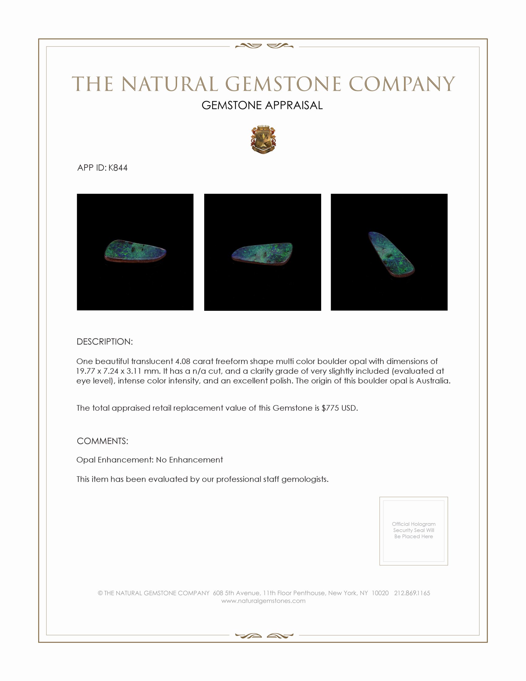 4.08 Ct. Boulder Opal from Australia