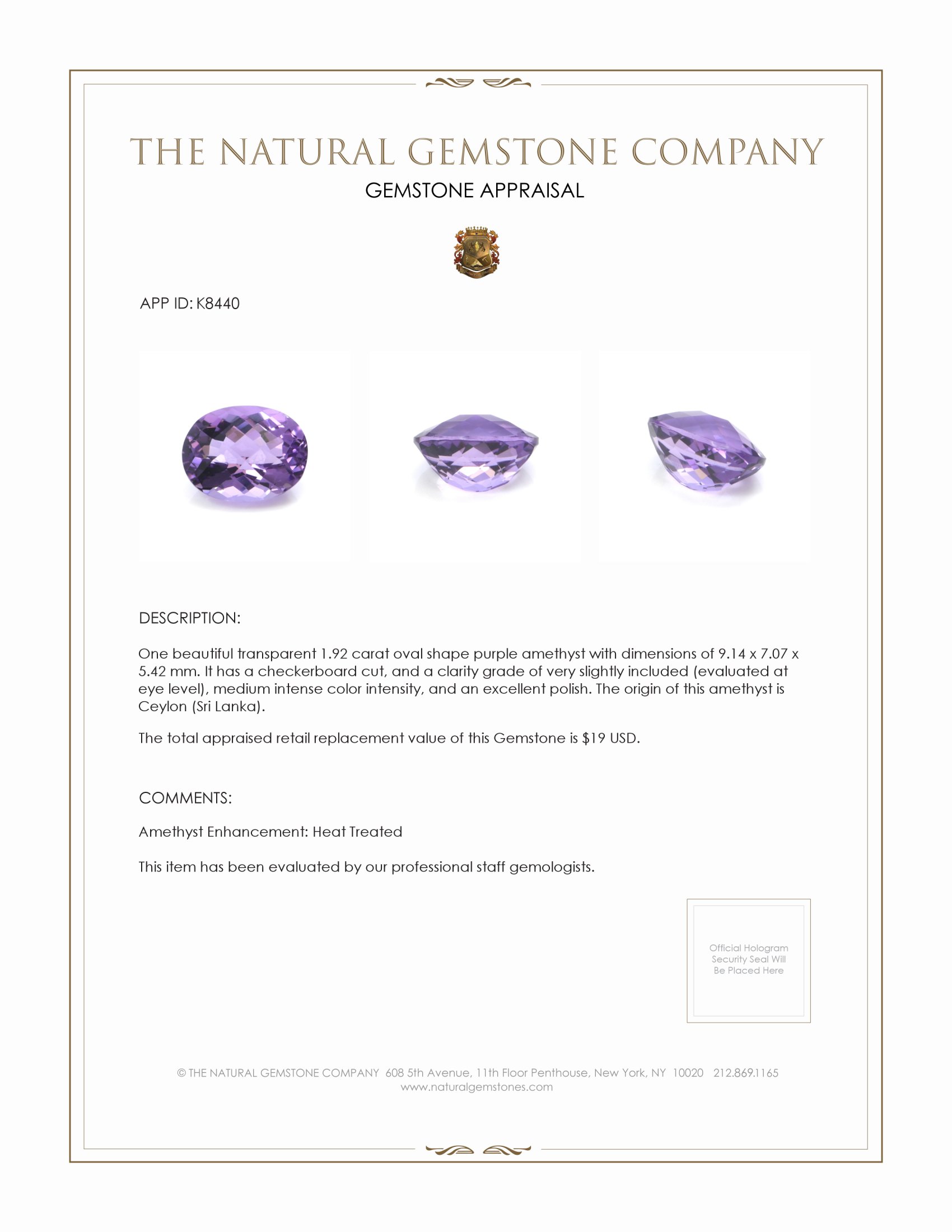1.92 Ct. Amethyst from Ceylon (Sri Lanka)
