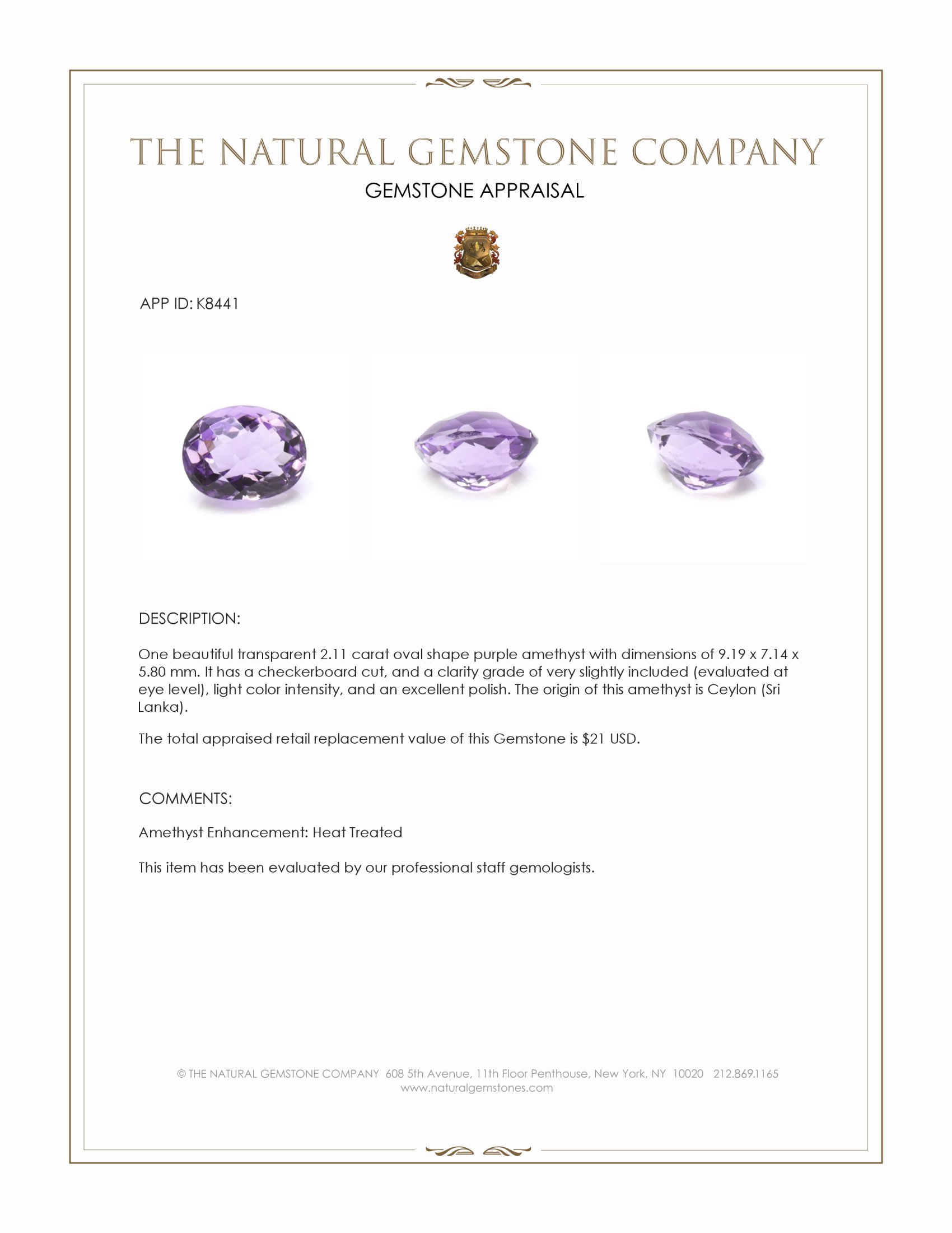 2.11 Ct. Amethyst from Ceylon (Sri Lanka)