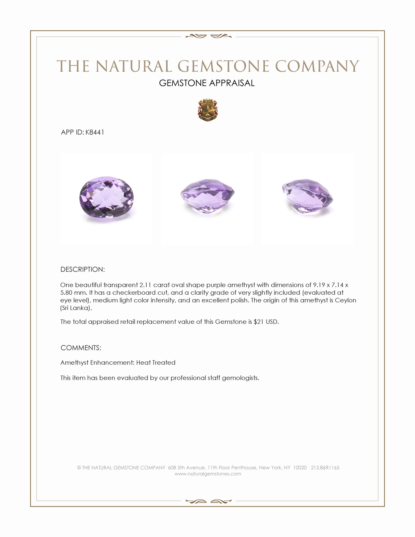 2.11 Ct. Amethyst from Ceylon (Sri Lanka)