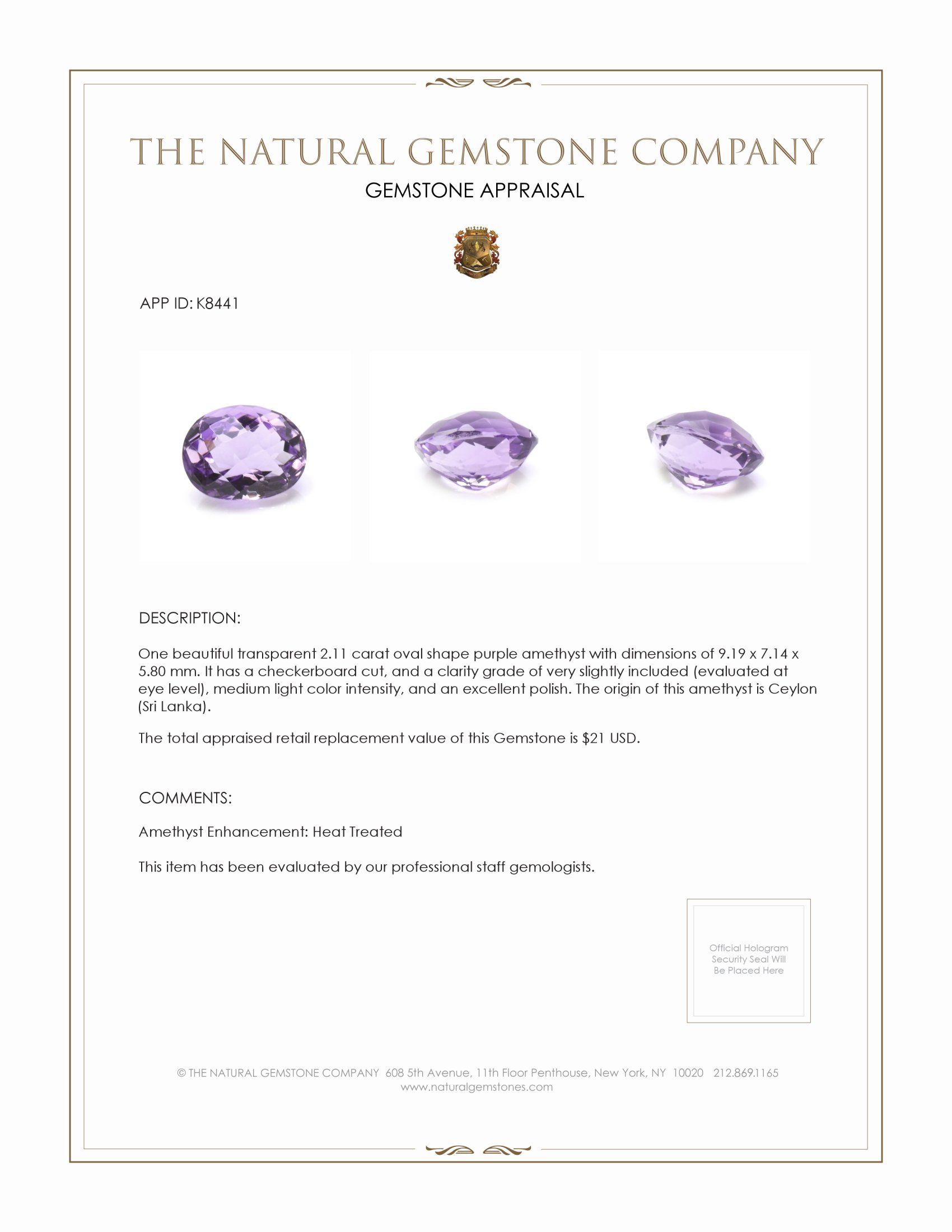 2.11 Ct. Amethyst from Ceylon (Sri Lanka)