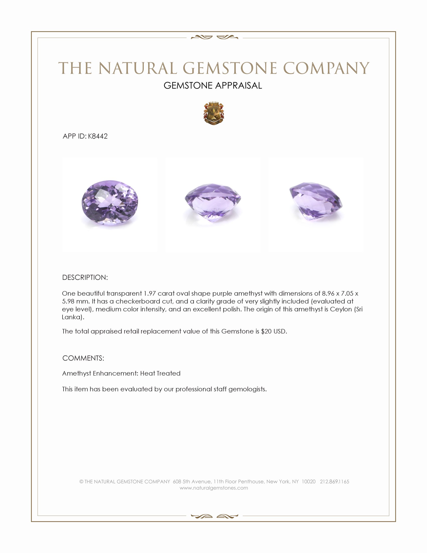 1.97 Ct. Purple Amethyst from Ceylon (Sri Lanka)