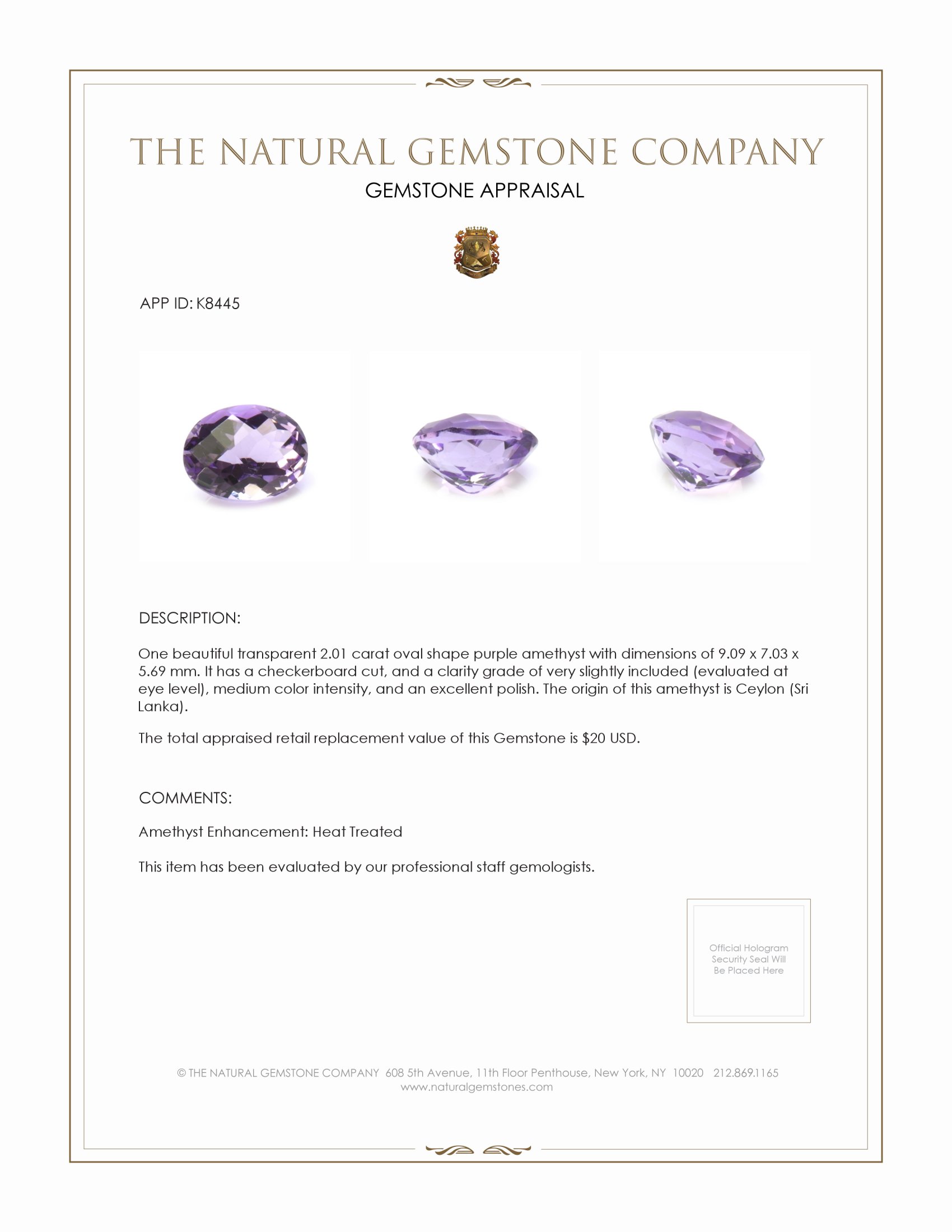 2.01 Ct. Amethyst from Ceylon (Sri Lanka)