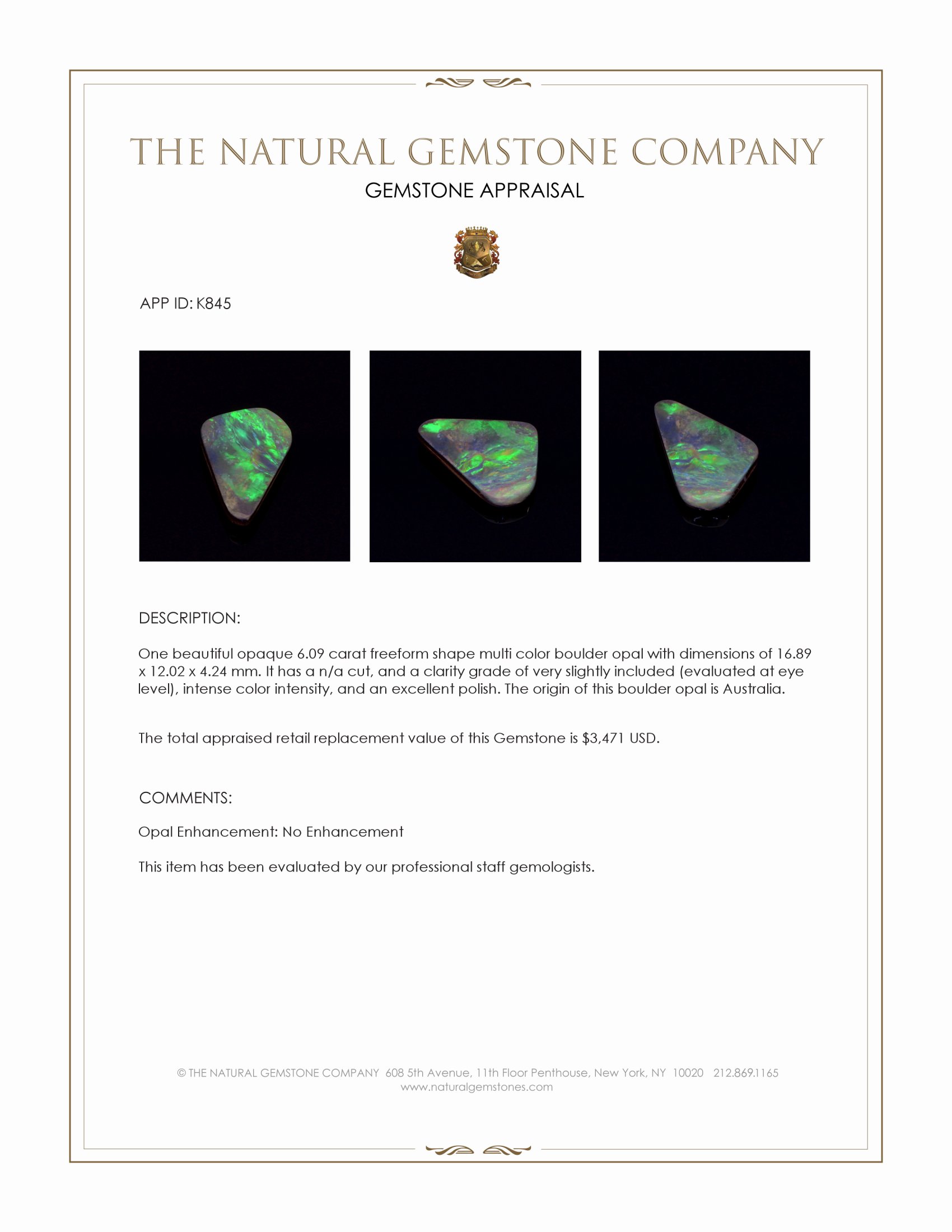6.09 Ct. Multi Color Boulder Opal (Ironstone Opal) from Australia