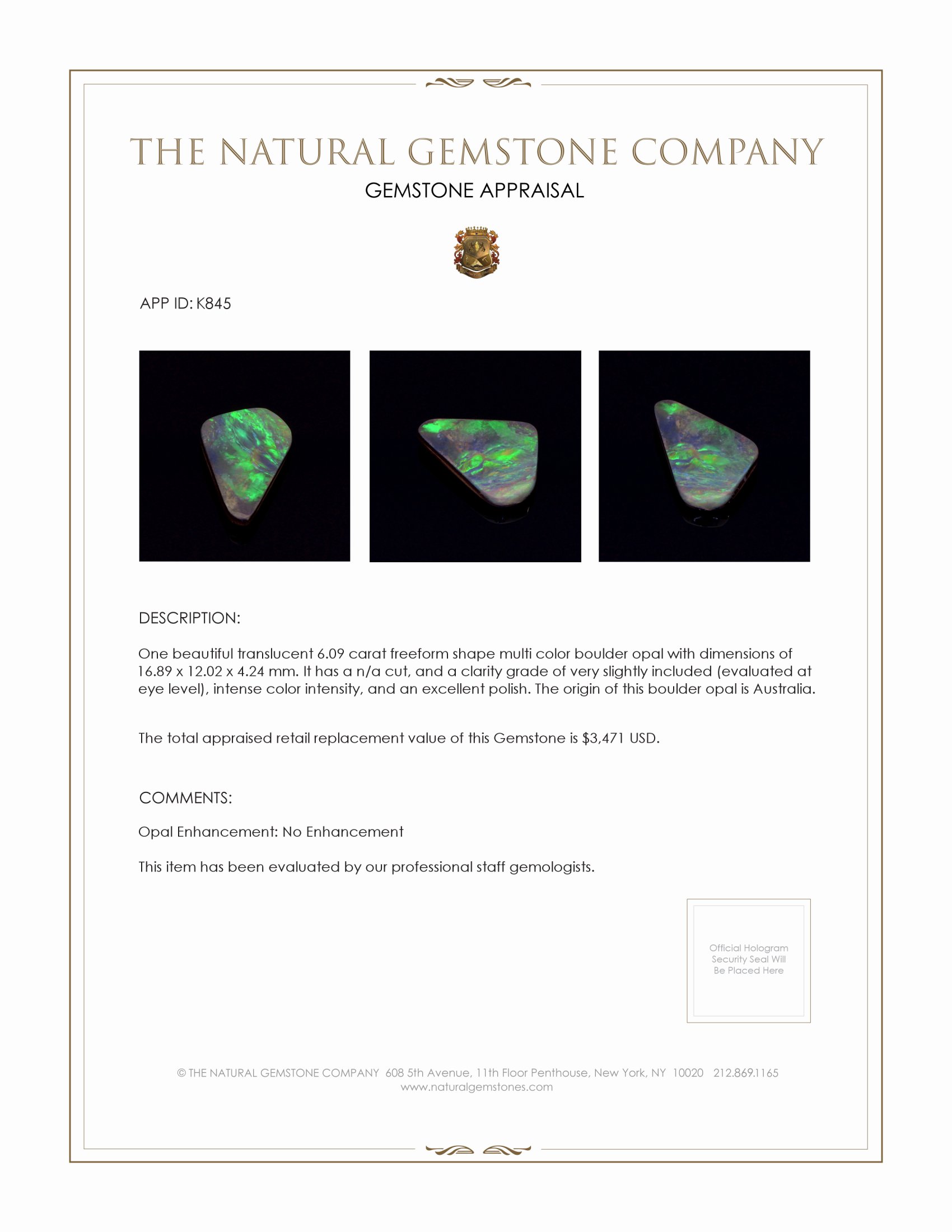 6.09 Ct. Boulder Opal from Australia