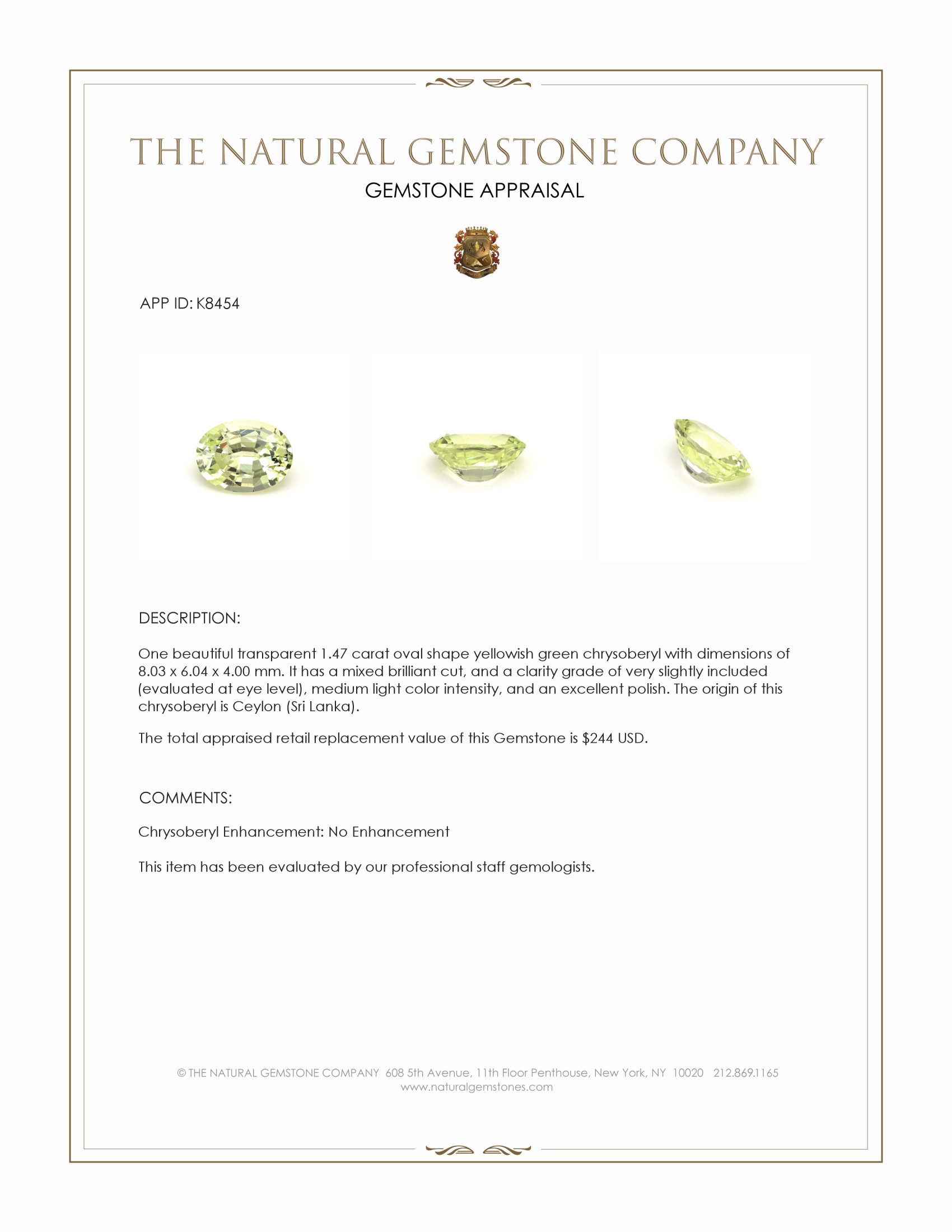 1.47 Ct. Chrysoberyl from Ceylon (Sri Lanka)