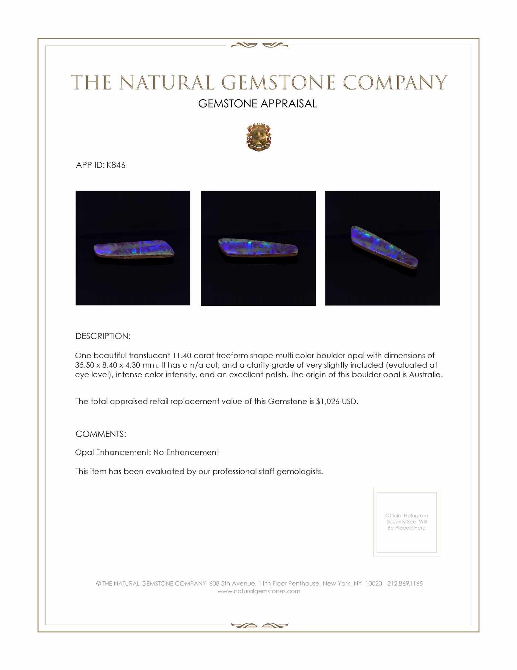 11.40 Ct. Boulder Opal from Australia