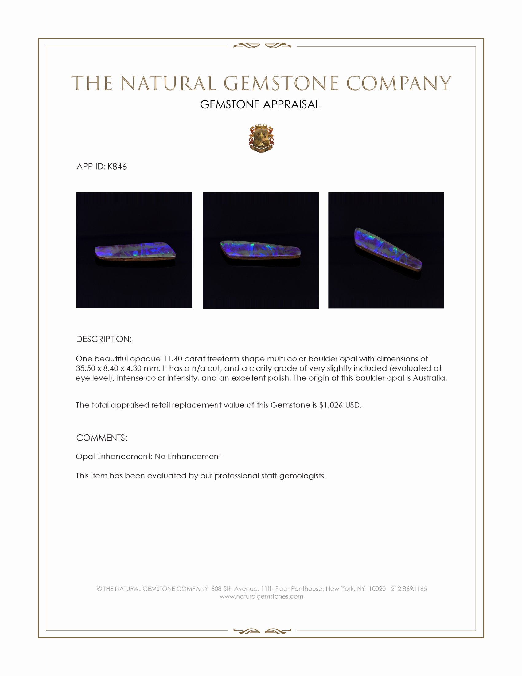 11.40 Ct. Boulder Opal from Australia