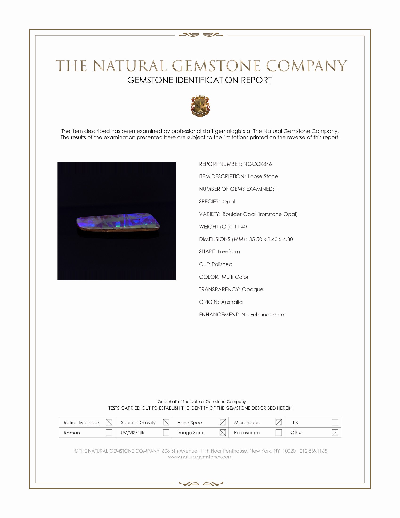 11.40 Ct. Multi Color Boulder Opal (Ironstone Opal) from Australia