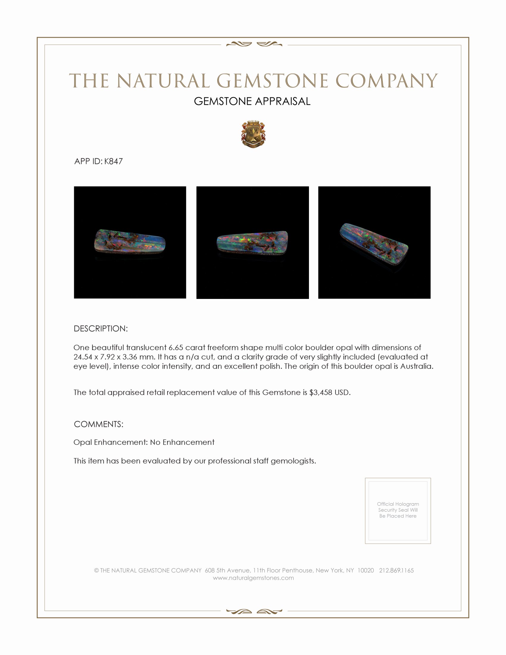 6.65 Ct. Boulder Opal from Australia