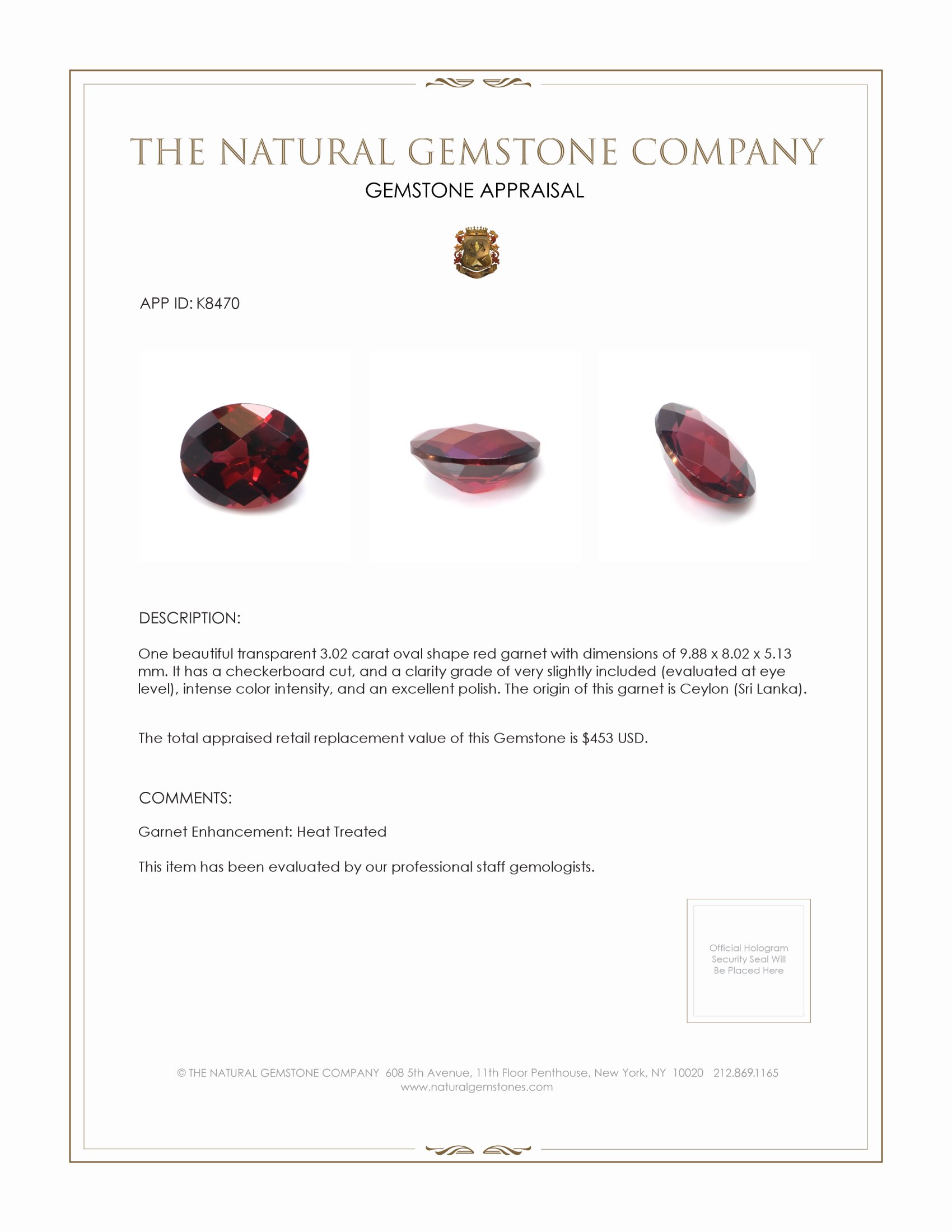 3.02 Ct. Red Garnet from Ceylon (Sri Lanka)