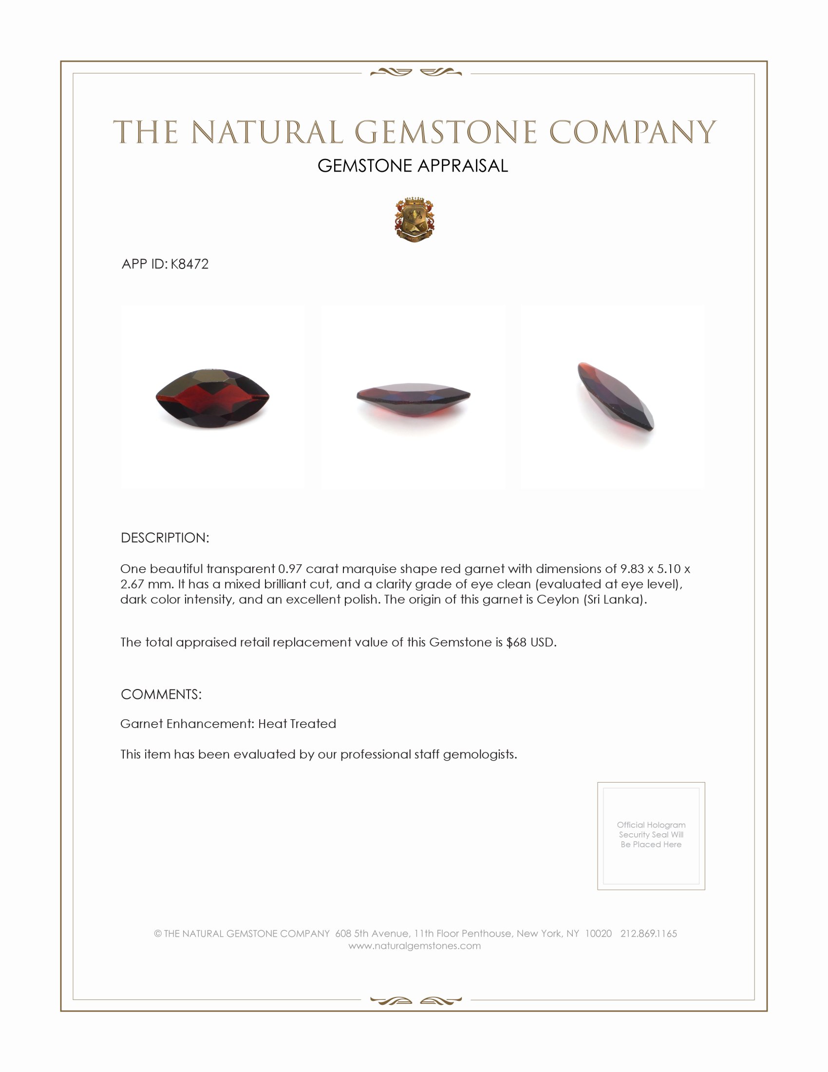0.97 Ct. Garnet from Ceylon (Sri Lanka)