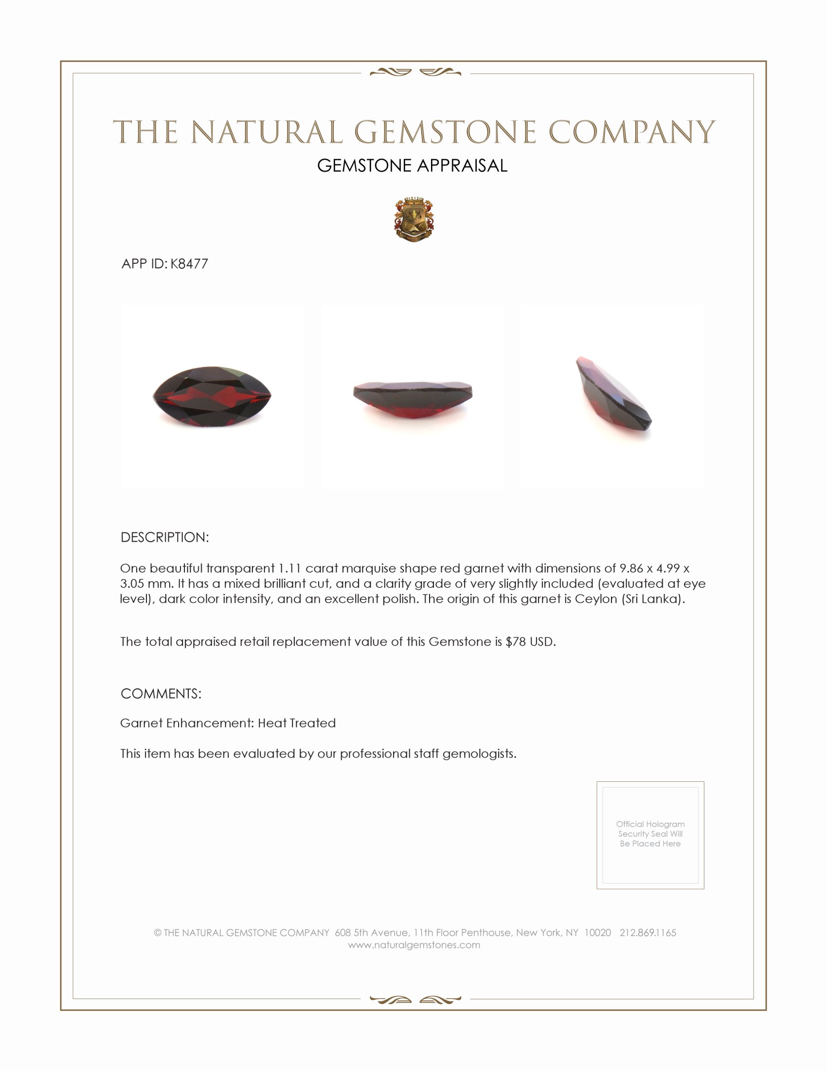 1.11 Ct. Garnet from Ceylon (Sri Lanka)