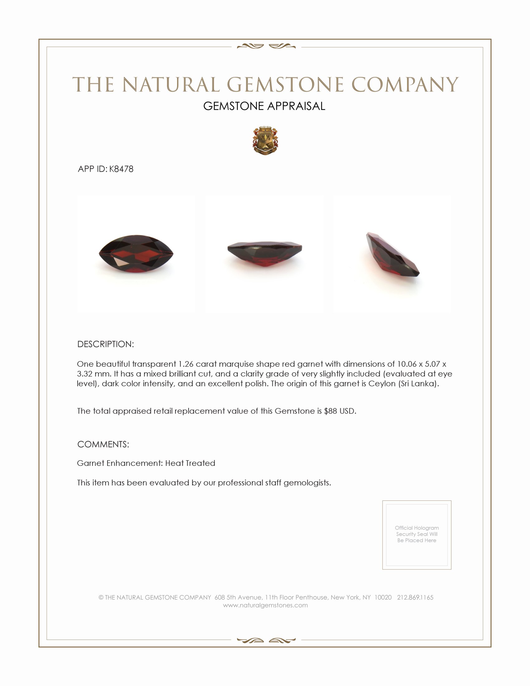 1.26 Ct. Garnet from Ceylon (Sri Lanka)