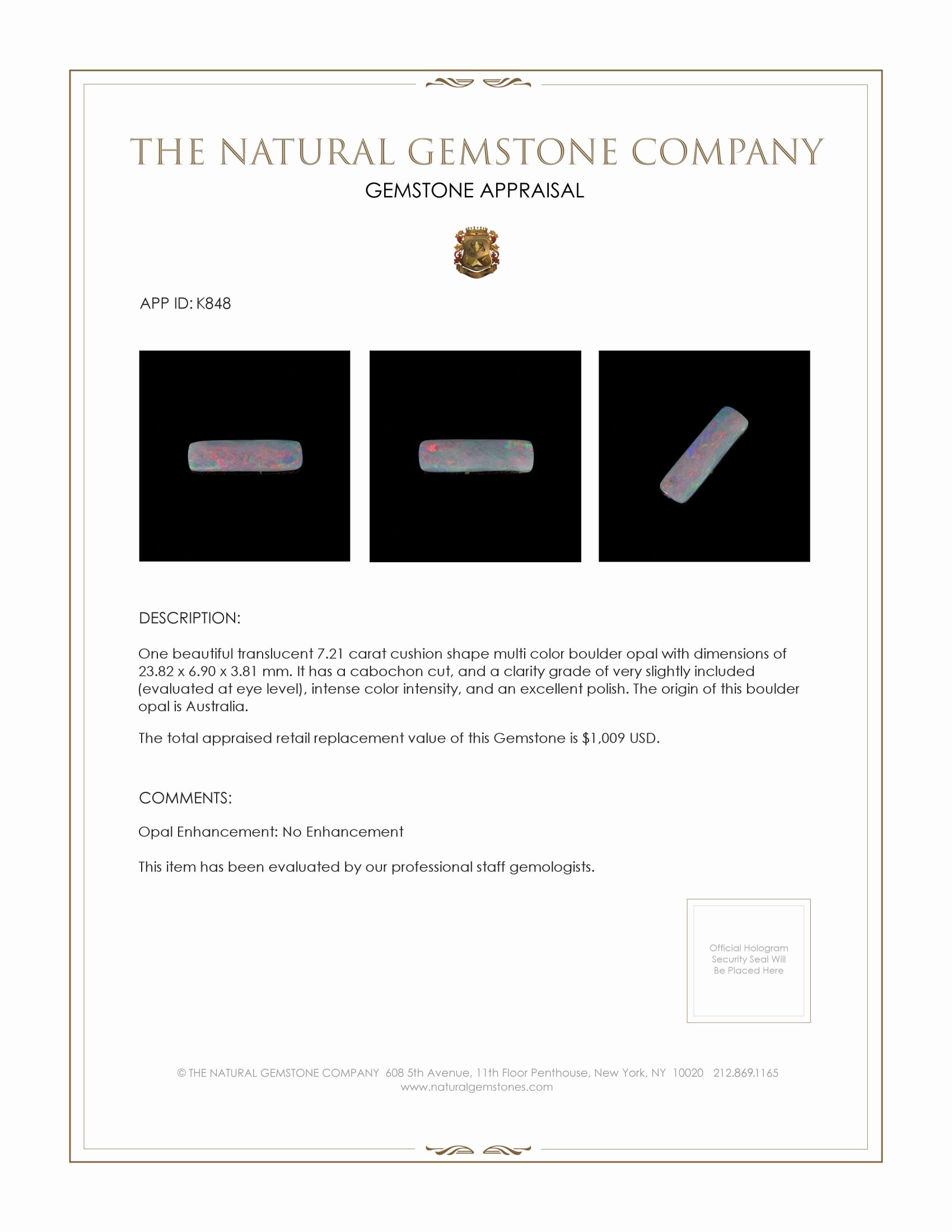 7.21 Ct. Cabochon Boulder Opal from Australia