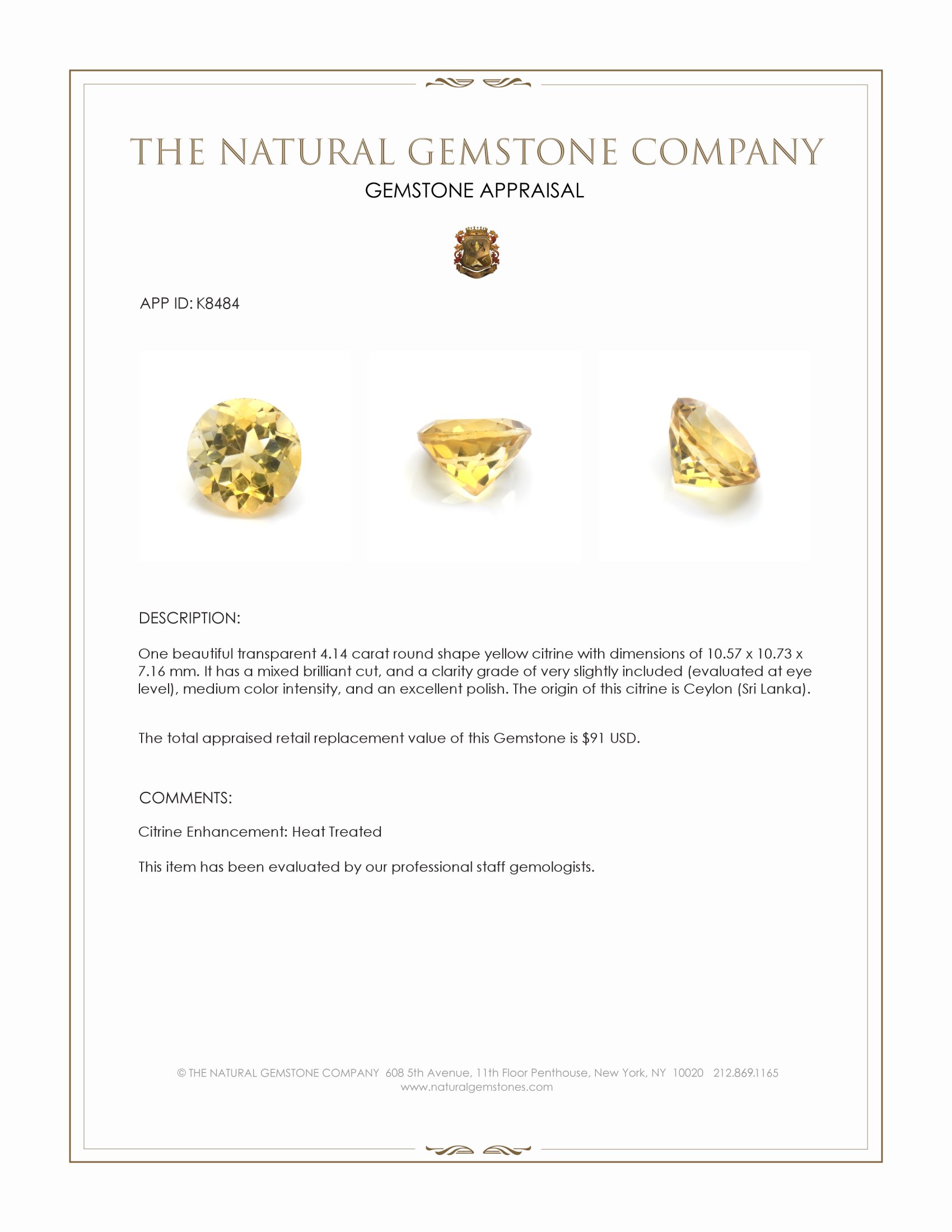 4.14 Ct. Citrine from Ceylon (Sri Lanka)