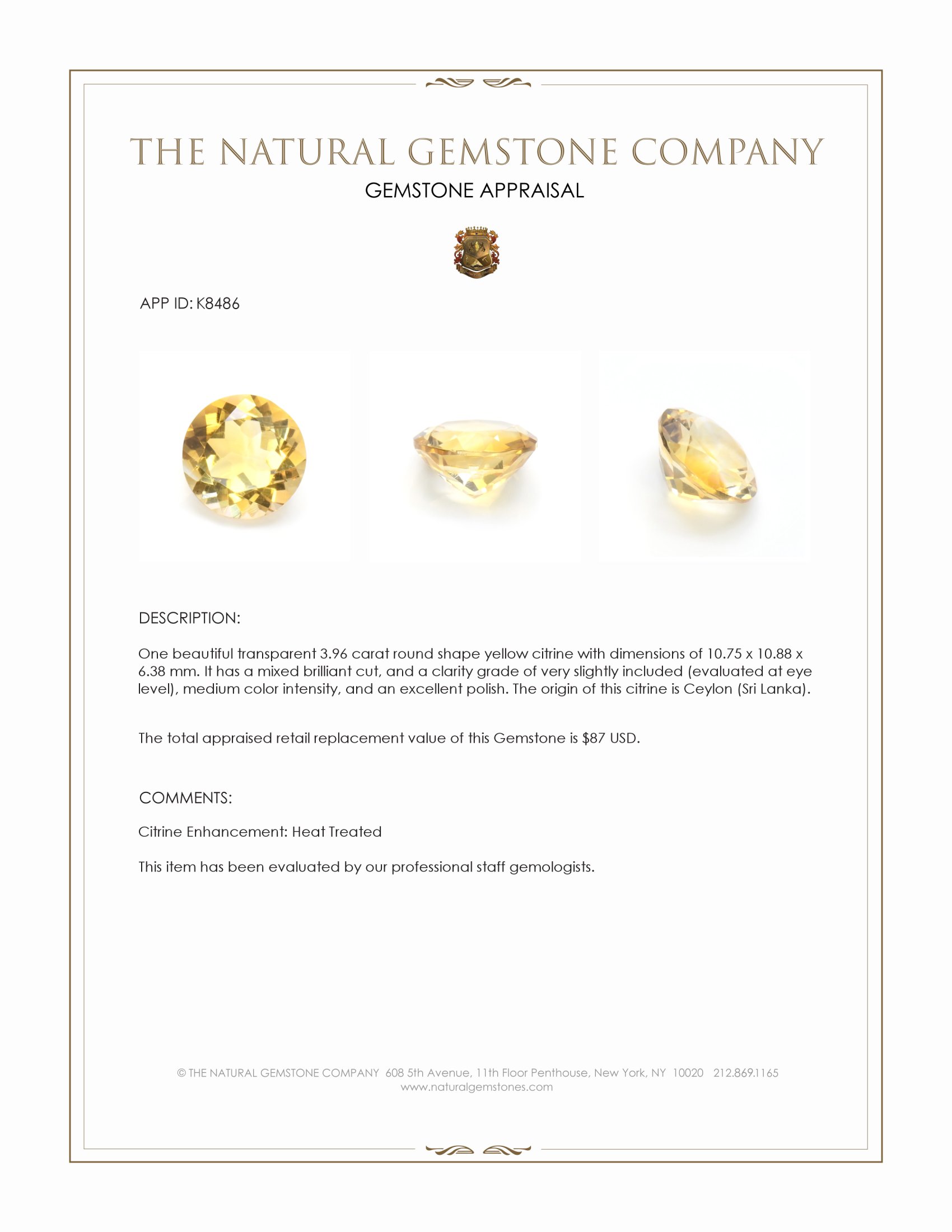 3.96 Ct. Yellow Citrine from Ceylon (Sri Lanka)