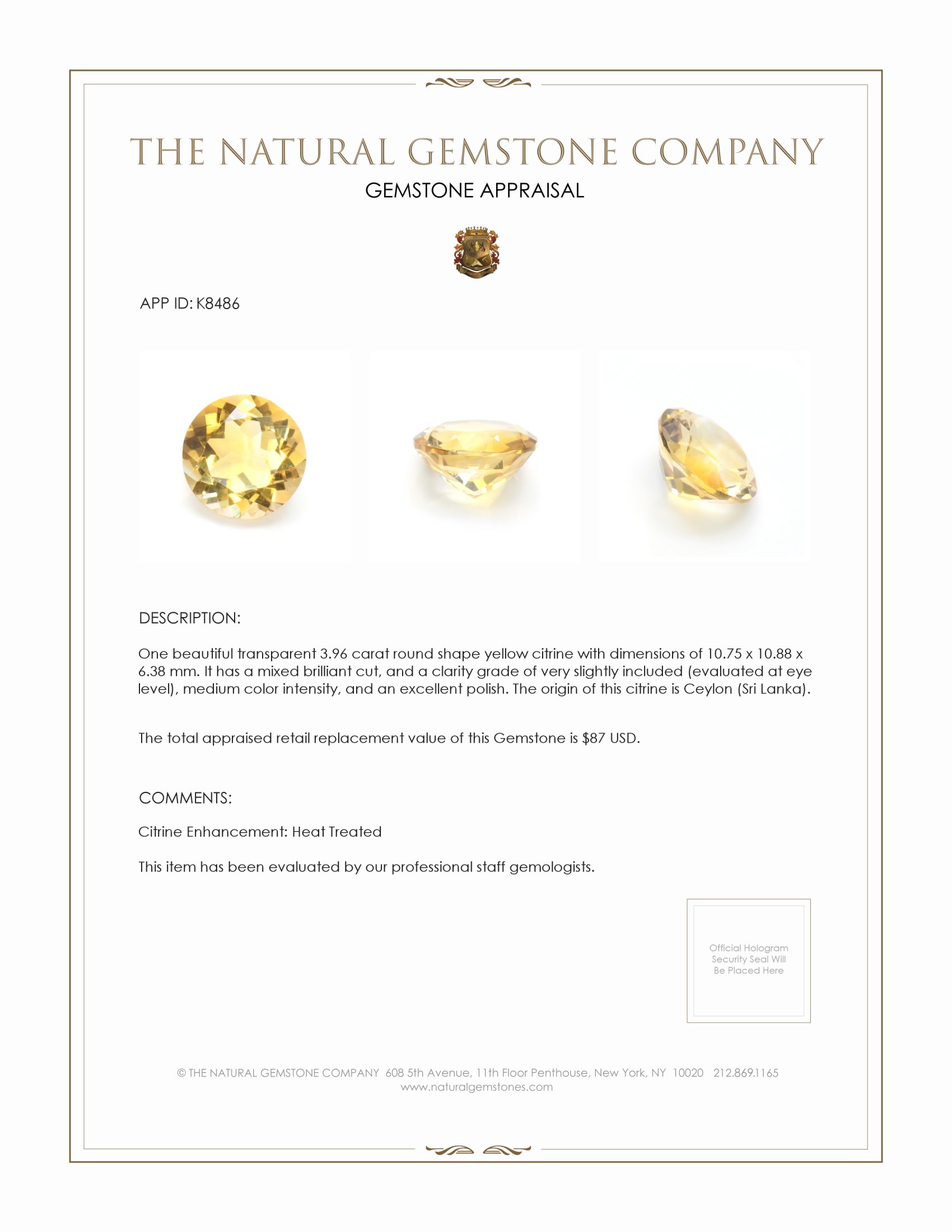 3.96 Ct. Citrine from Ceylon (Sri Lanka)