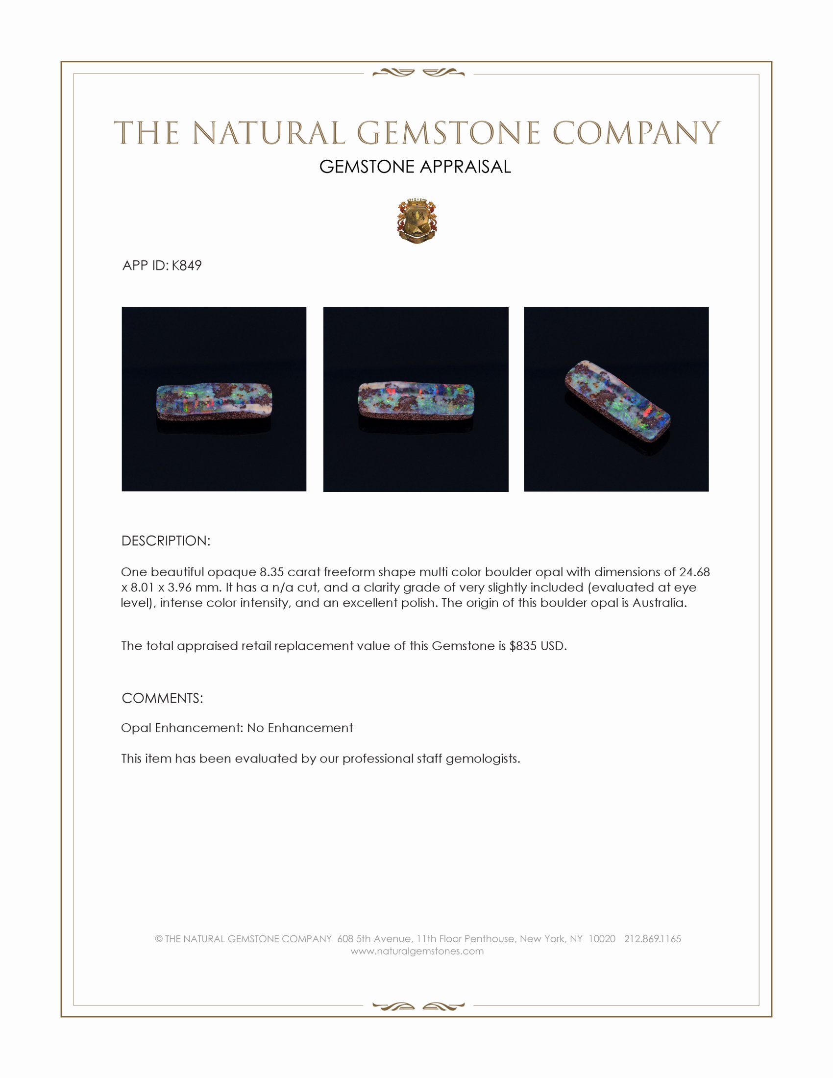 8.35 Ct. Multi Color Boulder Opal (Ironstone Opal) from Australia