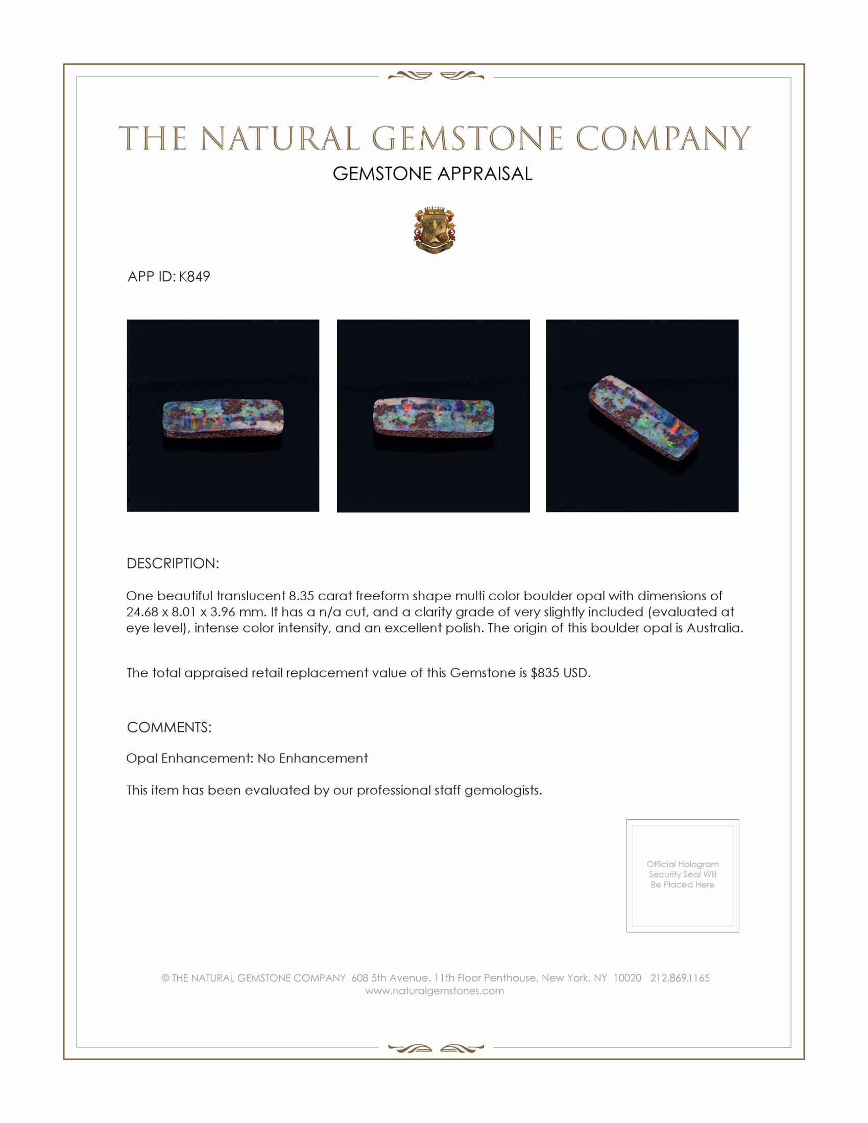 8.35 Ct. Boulder Opal from Australia