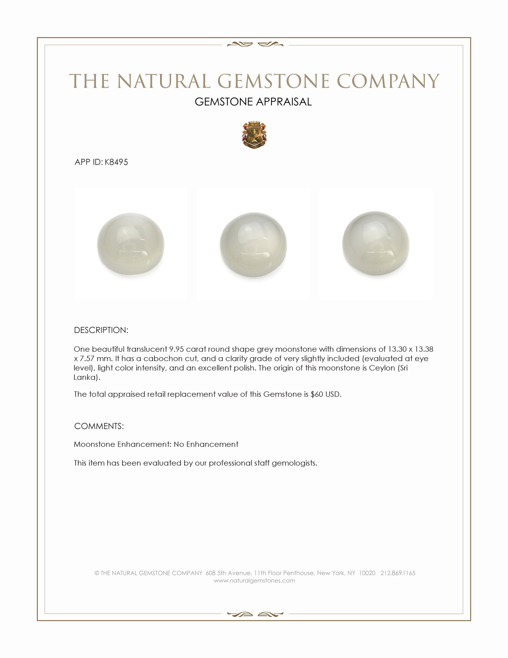 9.95 Ct. Grey Cabochon Moonstone from Ceylon (Sri Lanka)