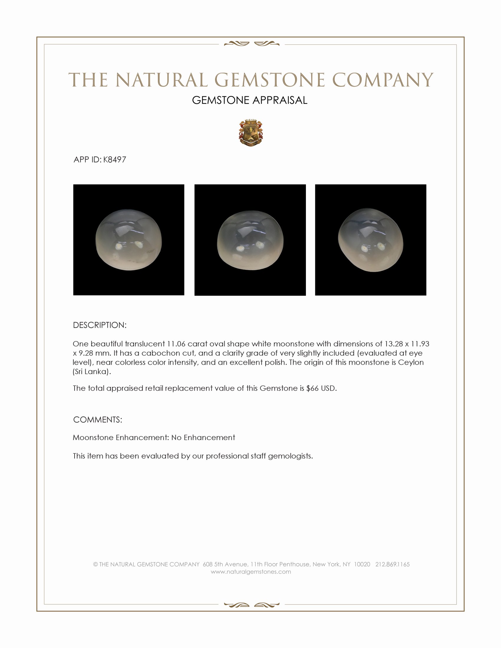 11.06 Ct. White Cabochon Moonstone from Ceylon (Sri Lanka)