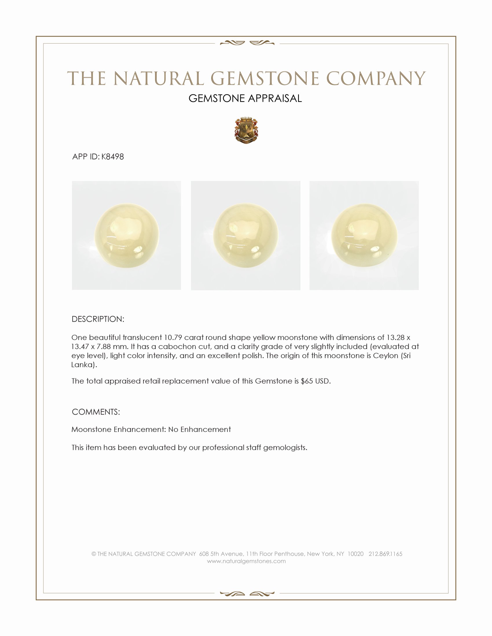 10.79 Ct. Yellow Cabochon Moonstone from Ceylon (Sri Lanka)