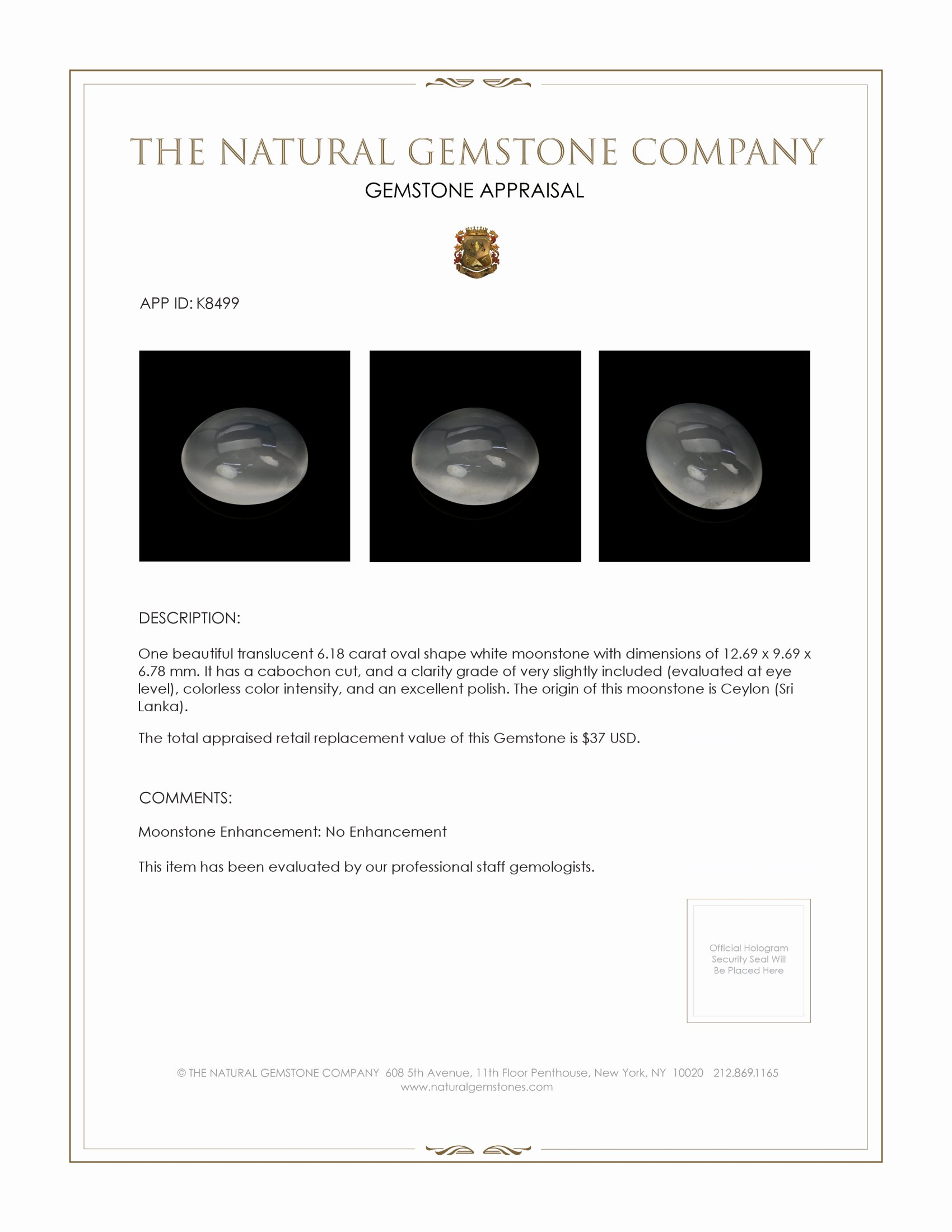 6.18 Ct. Cabochon Moonstone from Ceylon (Sri Lanka)