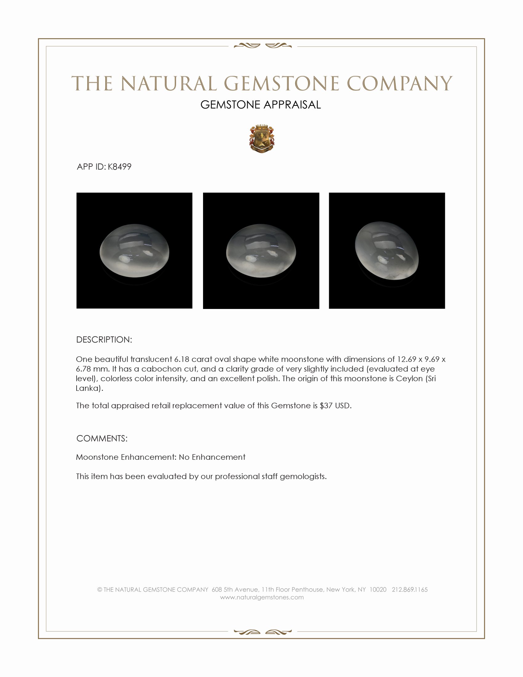 6.18 Ct. White Cabochon Moonstone from Ceylon (Sri Lanka)