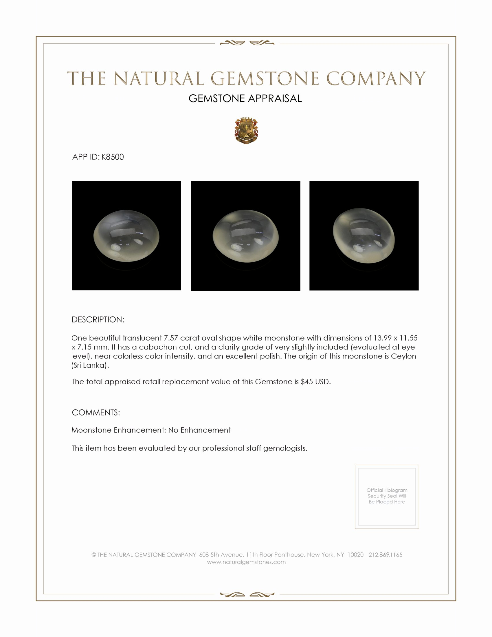 7.57 Ct. White Cabochon Moonstone from Ceylon (Sri Lanka)