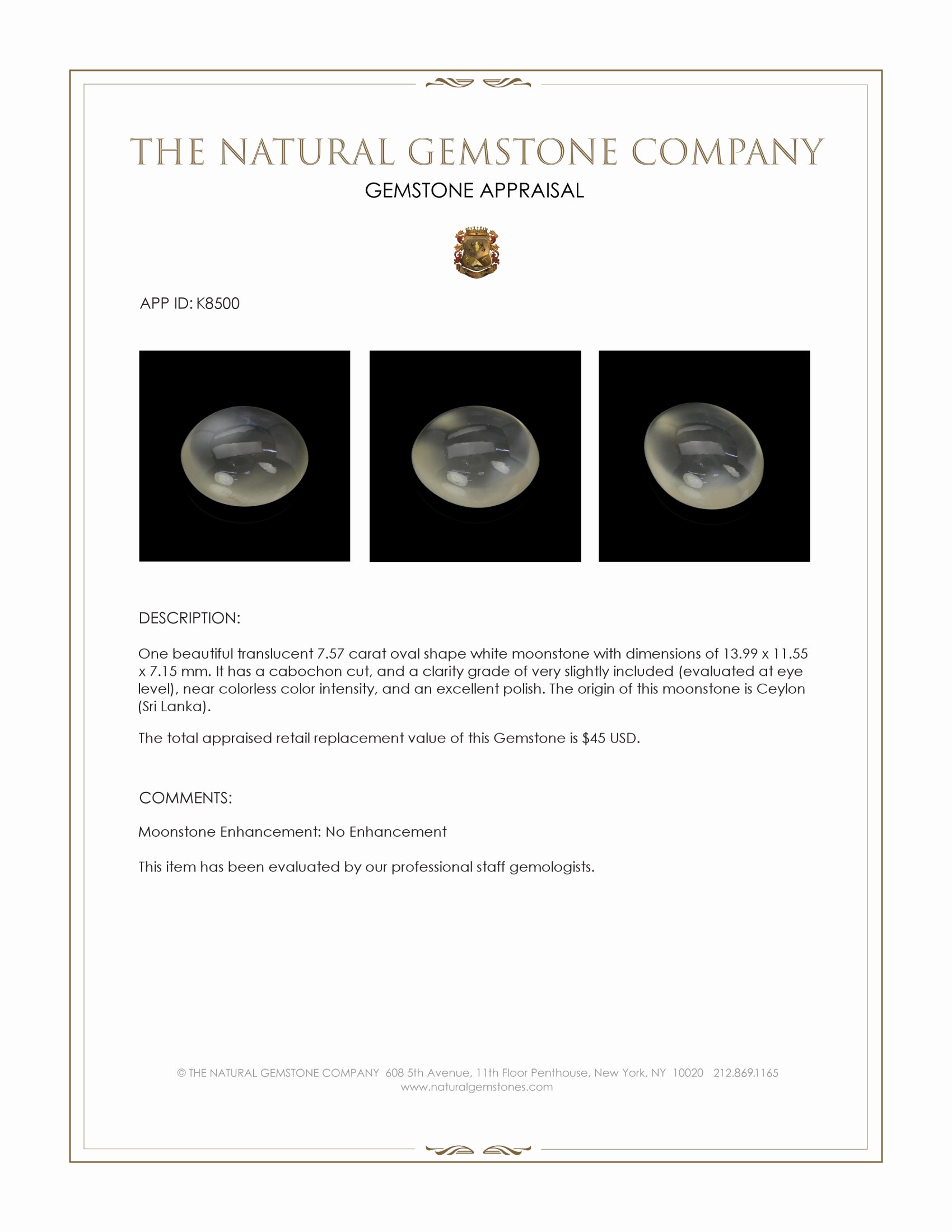 7.57 Ct. Cabochon Moonstone from Ceylon (Sri Lanka)