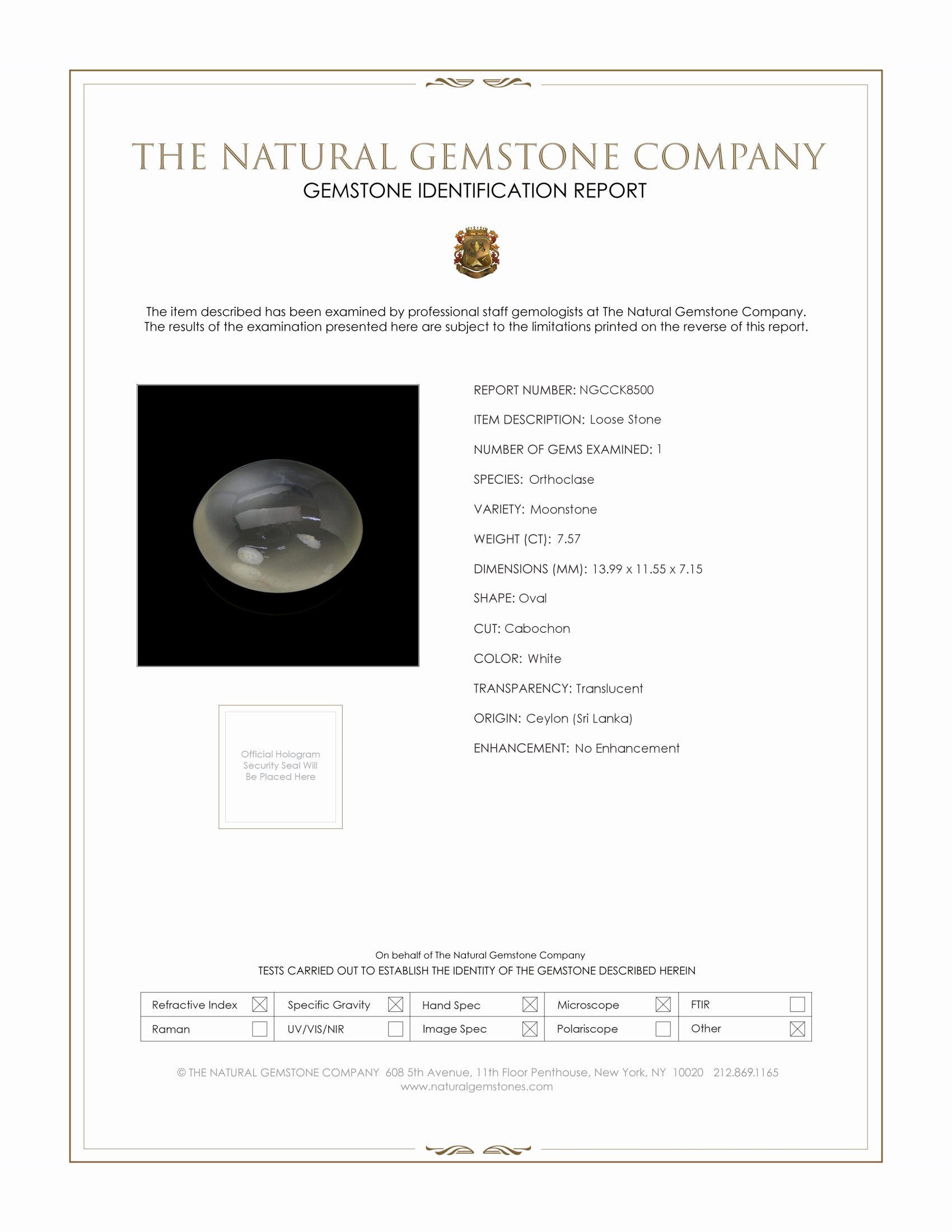 7.57 Ct. White Cabochon Moonstone from Ceylon (Sri Lanka)