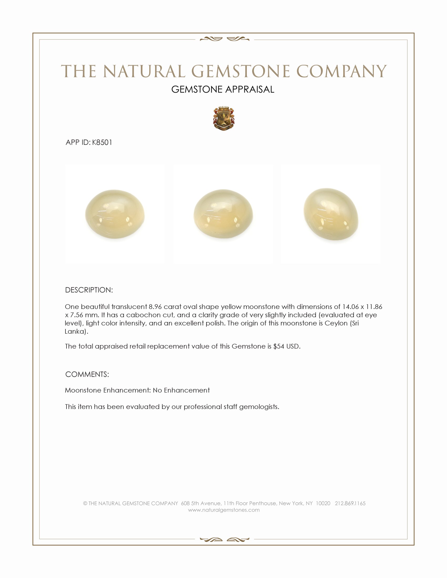 8.96 Ct. Yellow Cabochon Moonstone from Ceylon (Sri Lanka)