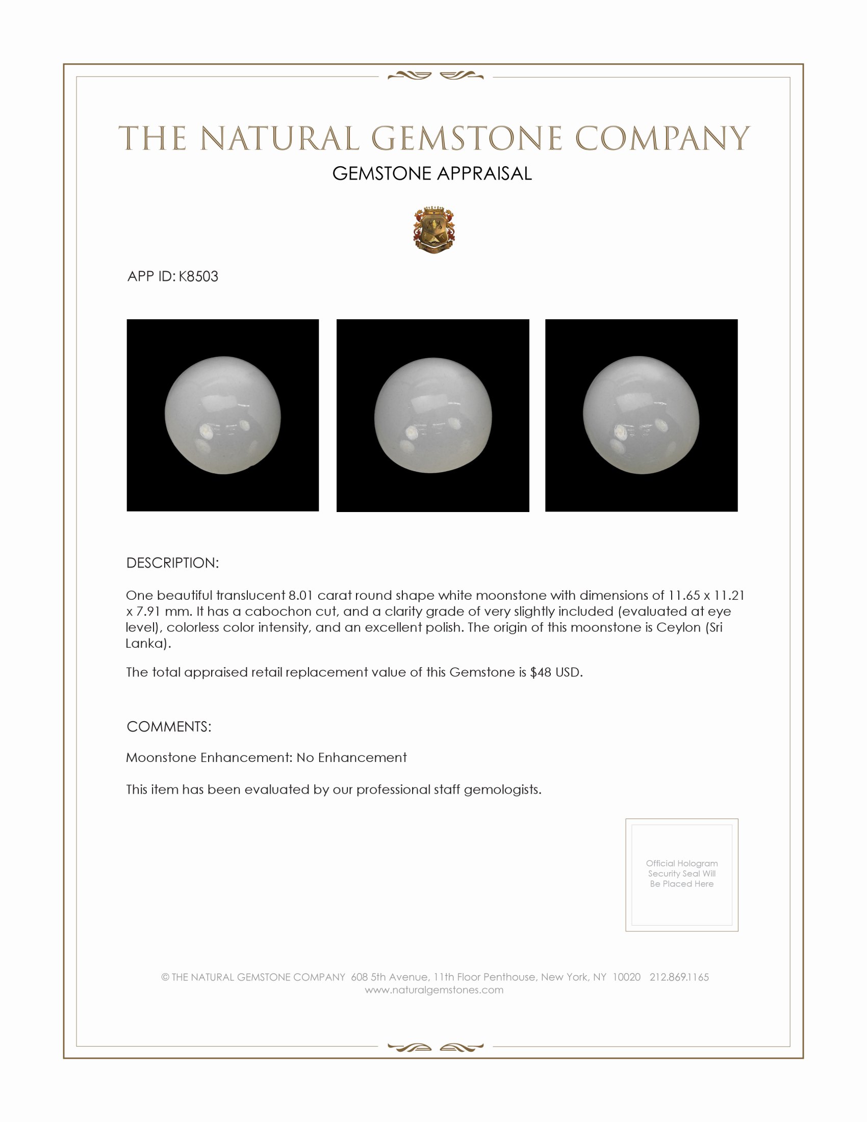 8.01 Ct. Cabochon Moonstone from Ceylon (Sri Lanka)