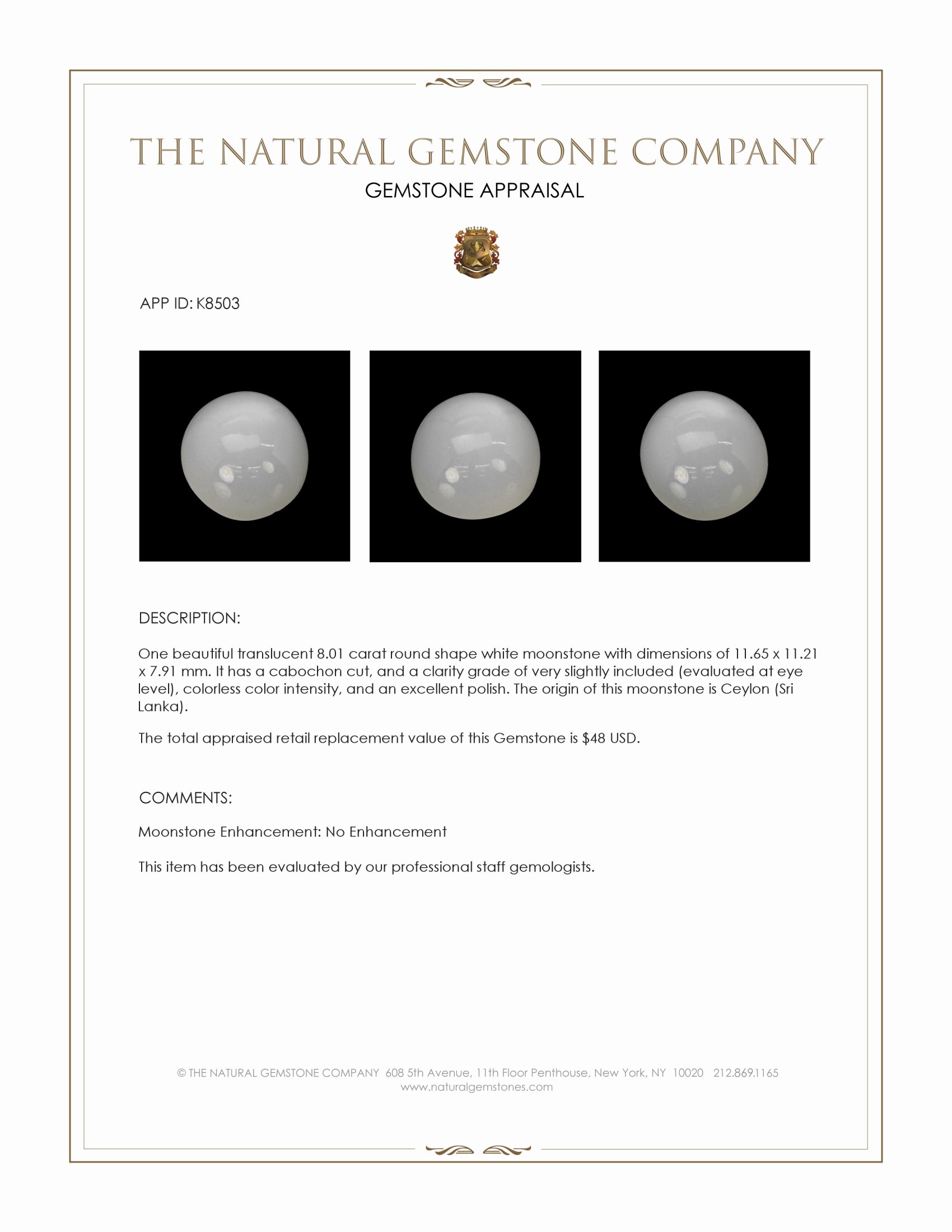 8.01 Ct. Cabochon Moonstone from Ceylon (Sri Lanka)