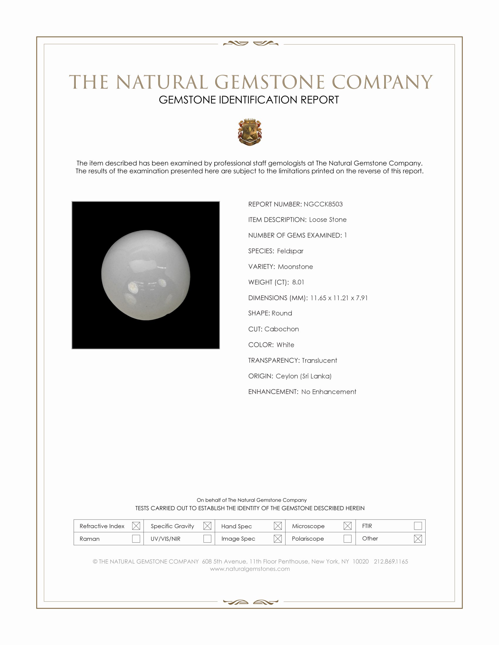 8.01 Ct. White Cabochon Moonstone from Ceylon (Sri Lanka)