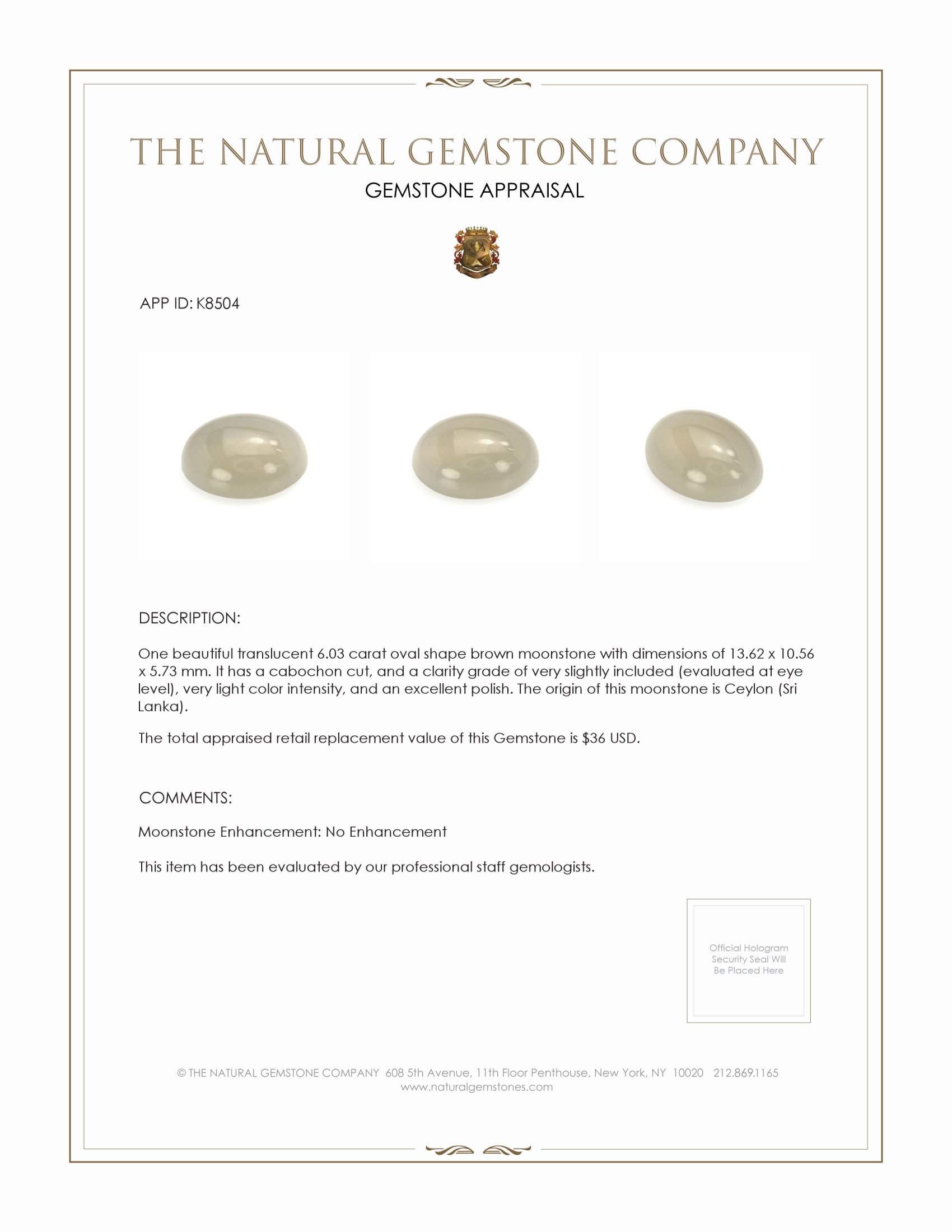 6.03 Ct. Cabochon Moonstone from Ceylon (Sri Lanka)