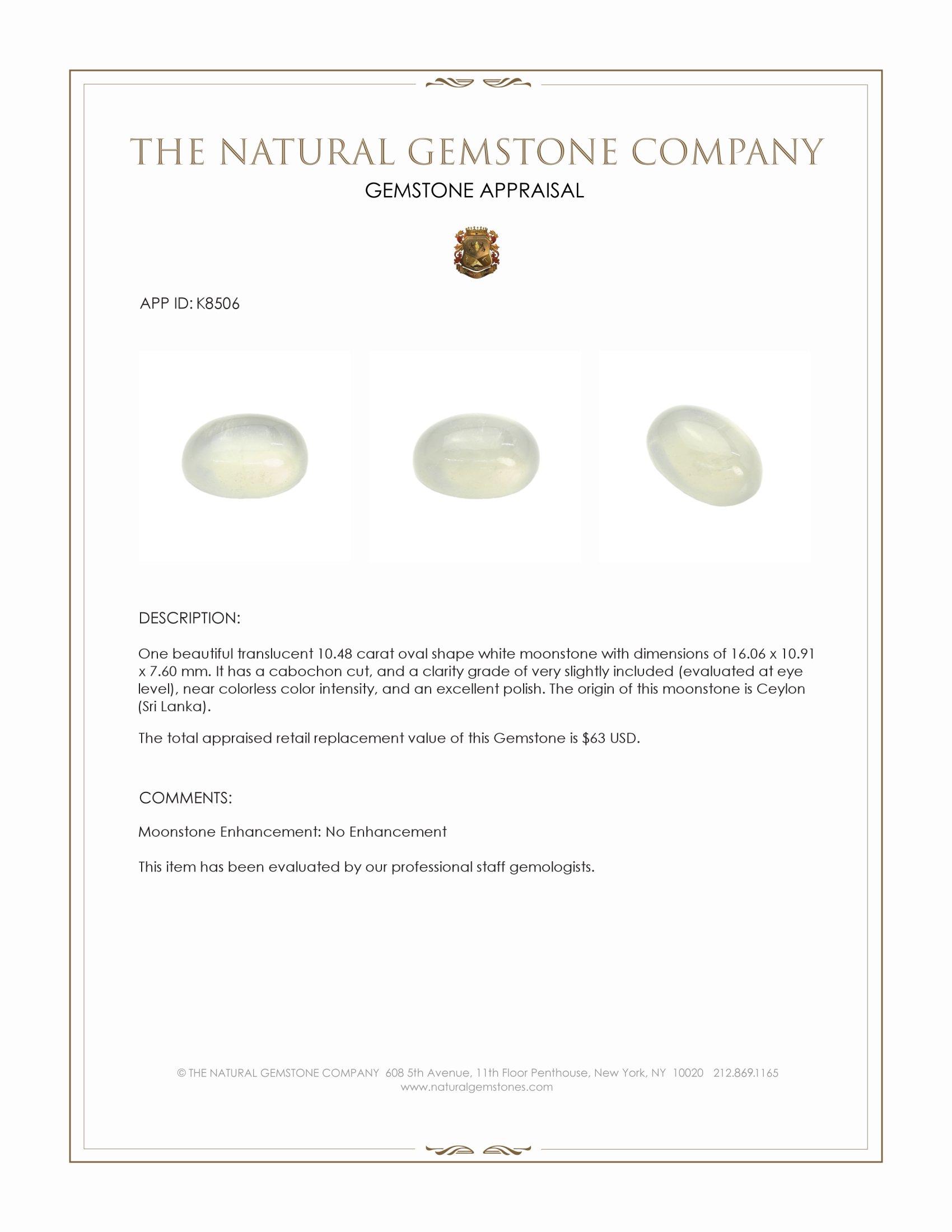 10.48 Ct. White Cabochon Moonstone from Ceylon (Sri Lanka)