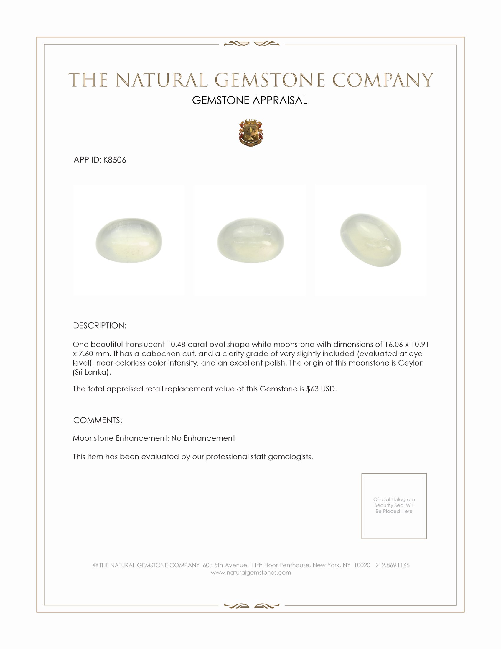 10.48 Ct. Cabochon Moonstone from Ceylon (Sri Lanka)