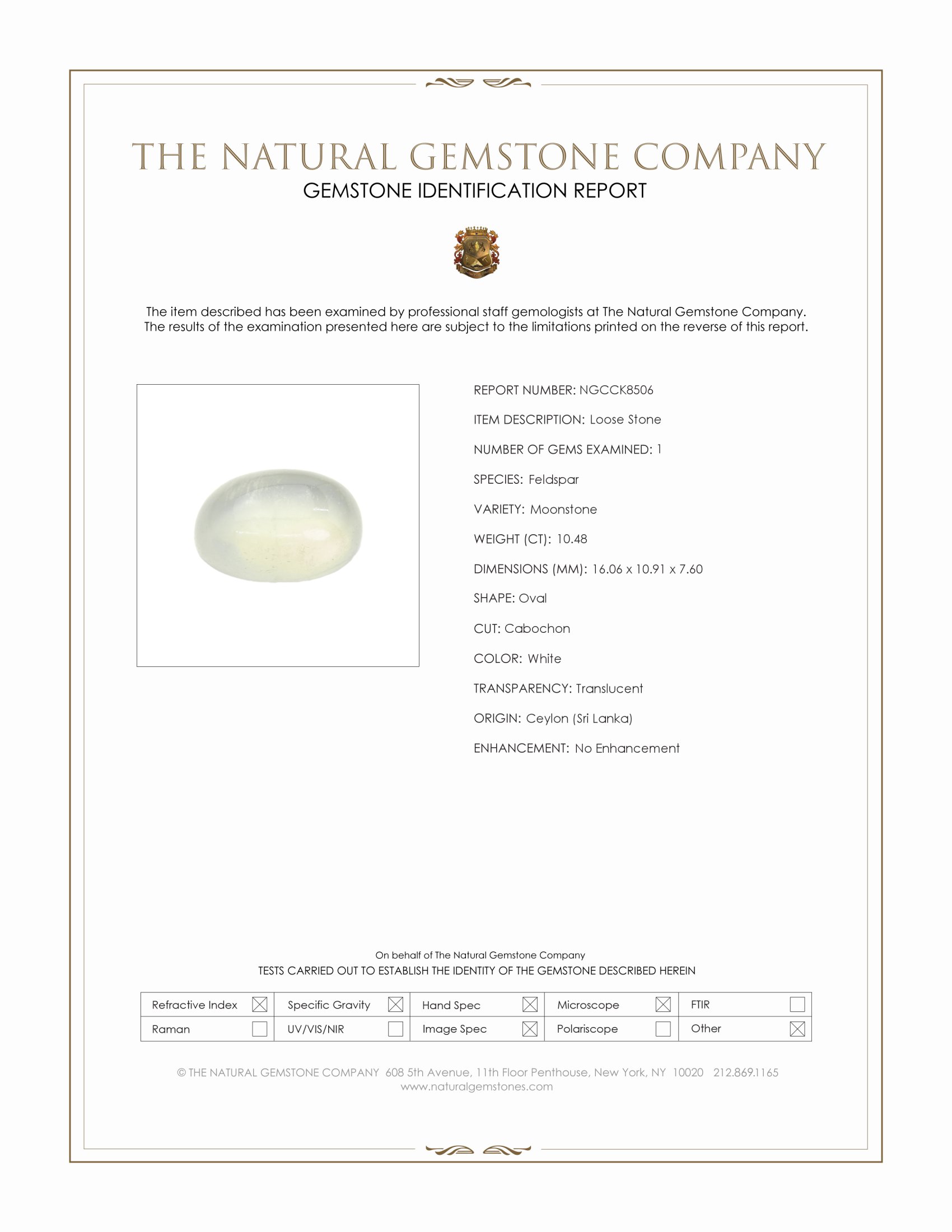 10.48 Ct. White Cabochon Moonstone from Ceylon (Sri Lanka)