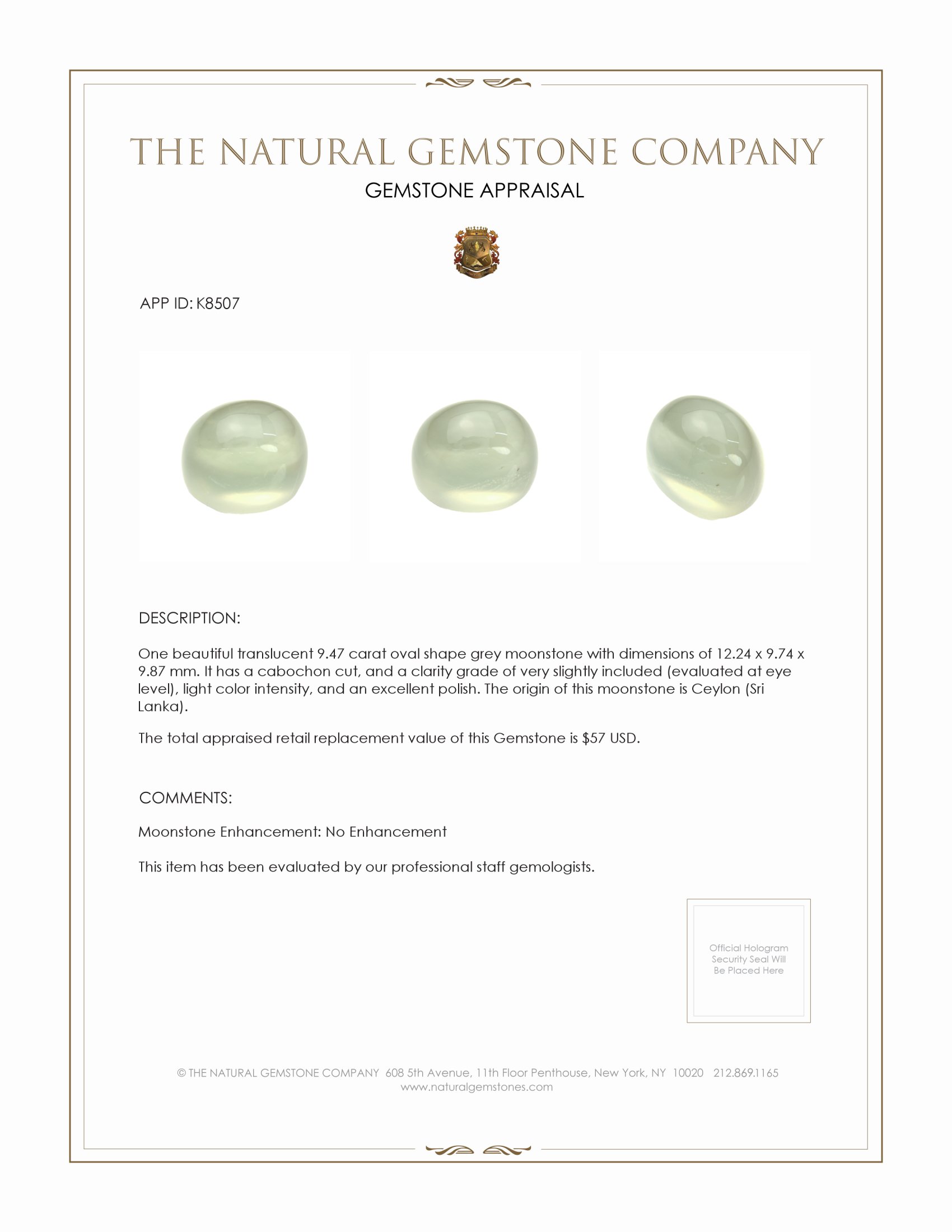 9.47 Ct. Grey Cabochon Moonstone from Ceylon (Sri Lanka)