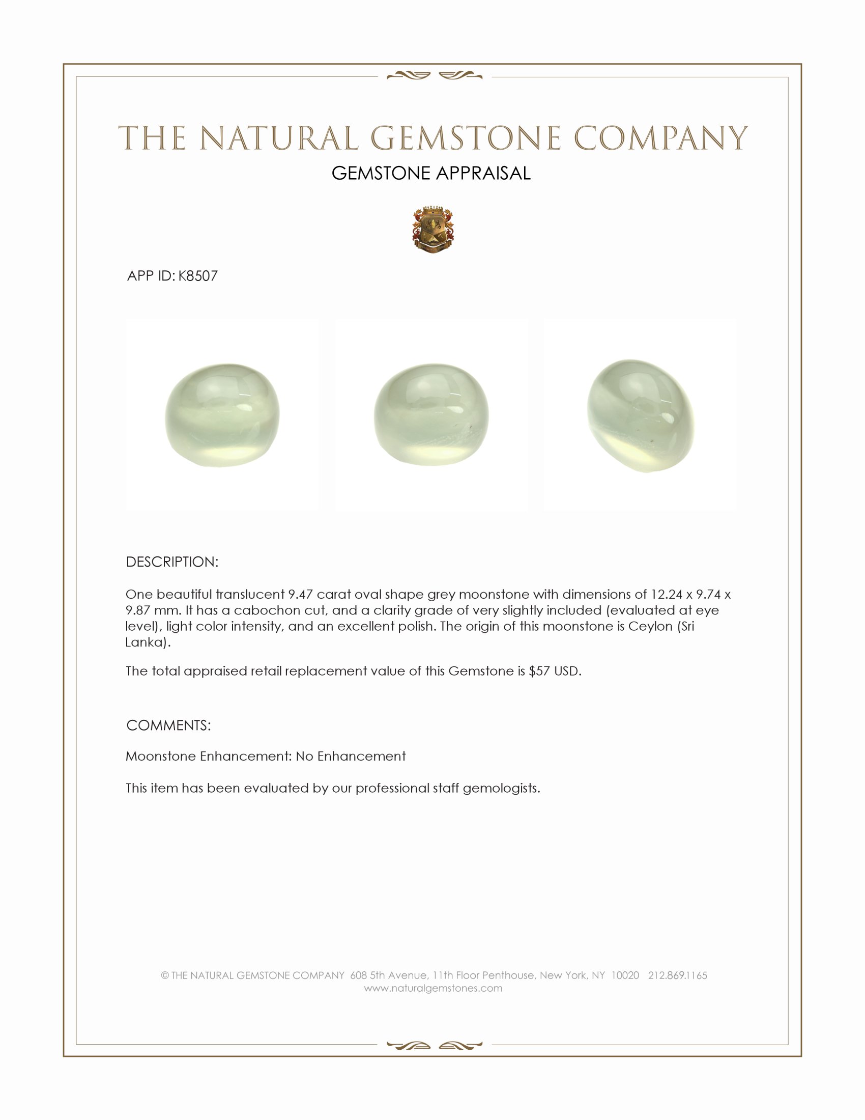 9.47 Ct. Cabochon Moonstone from Ceylon (Sri Lanka)