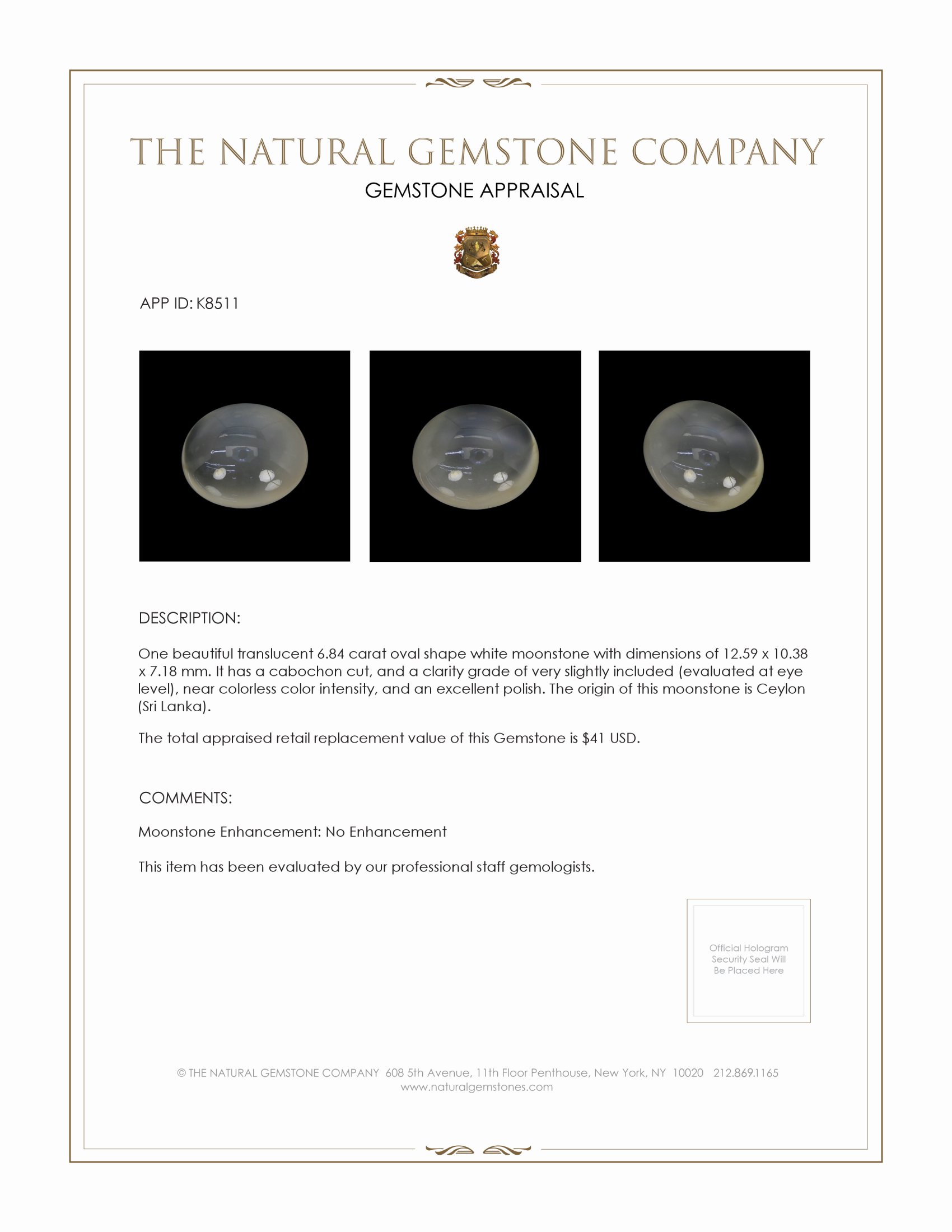 6.84 Ct. Cabochon Moonstone from Ceylon (Sri Lanka)