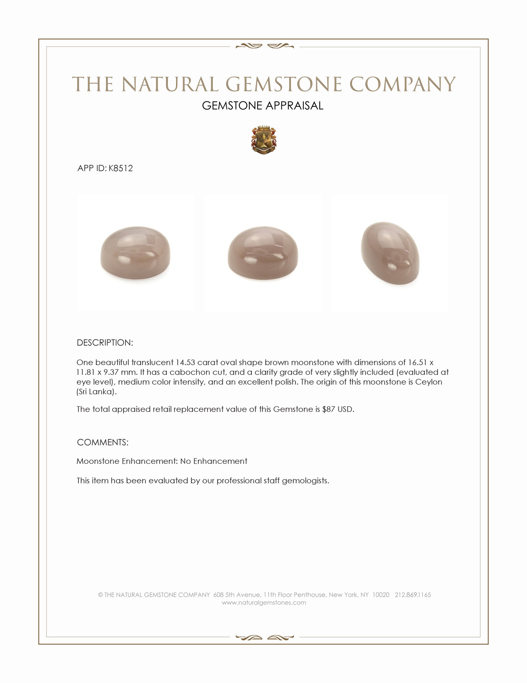 14.53 Ct. Brown Cabochon Moonstone from Ceylon (Sri Lanka)