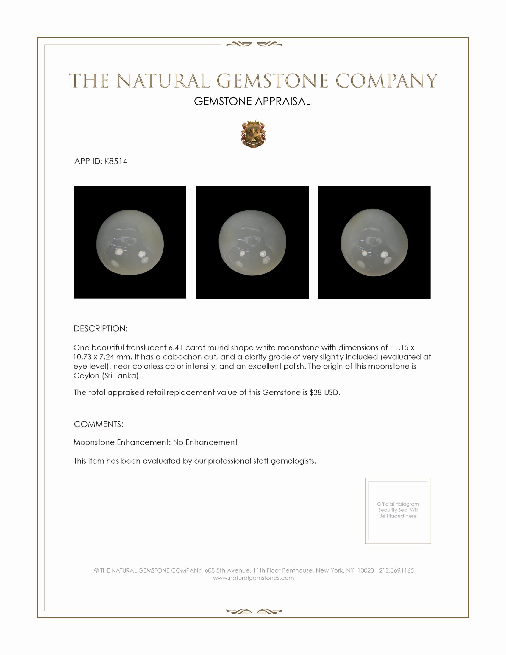 6.41 Ct. White Cabochon Moonstone from Ceylon (Sri Lanka)