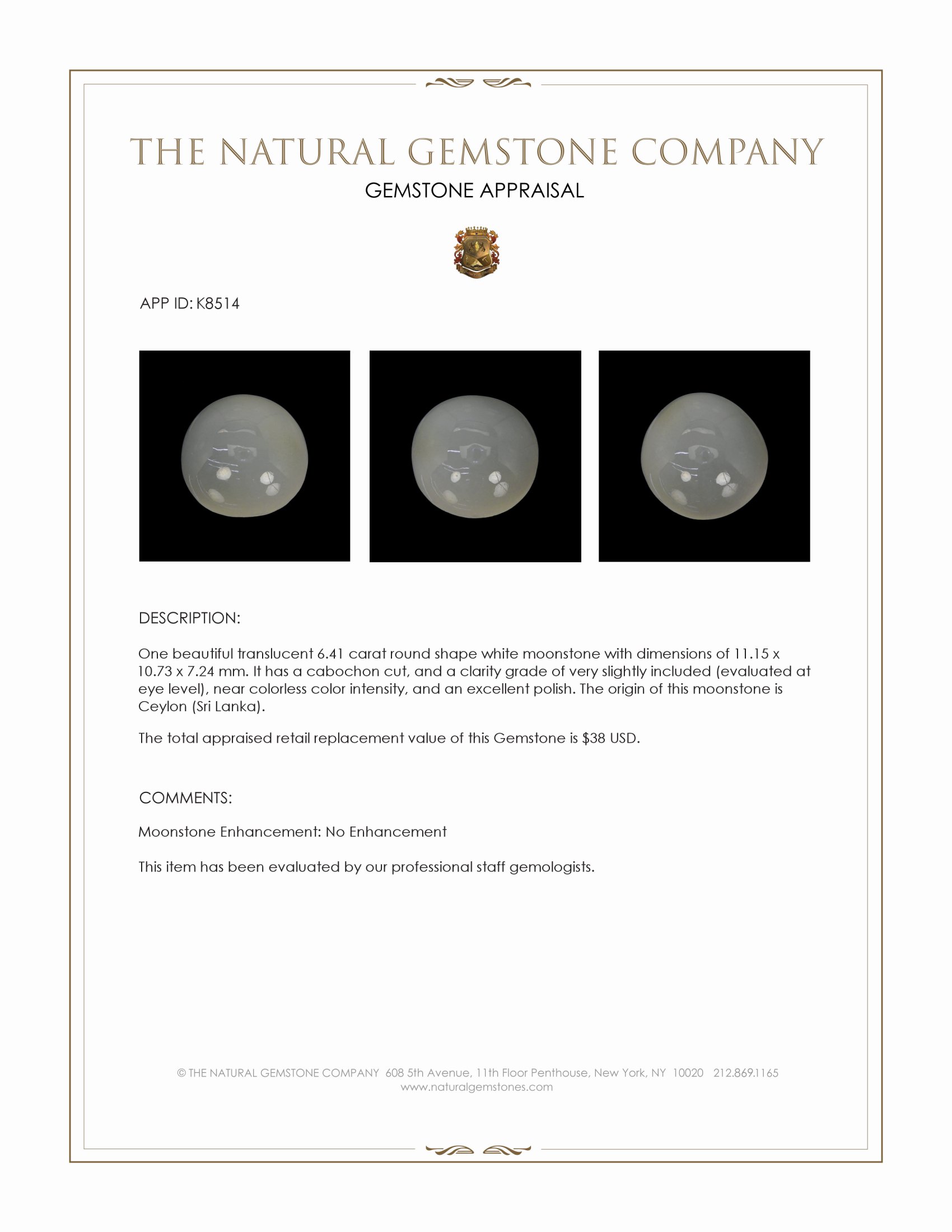 6.41 Ct. Cabochon Moonstone from Ceylon (Sri Lanka)