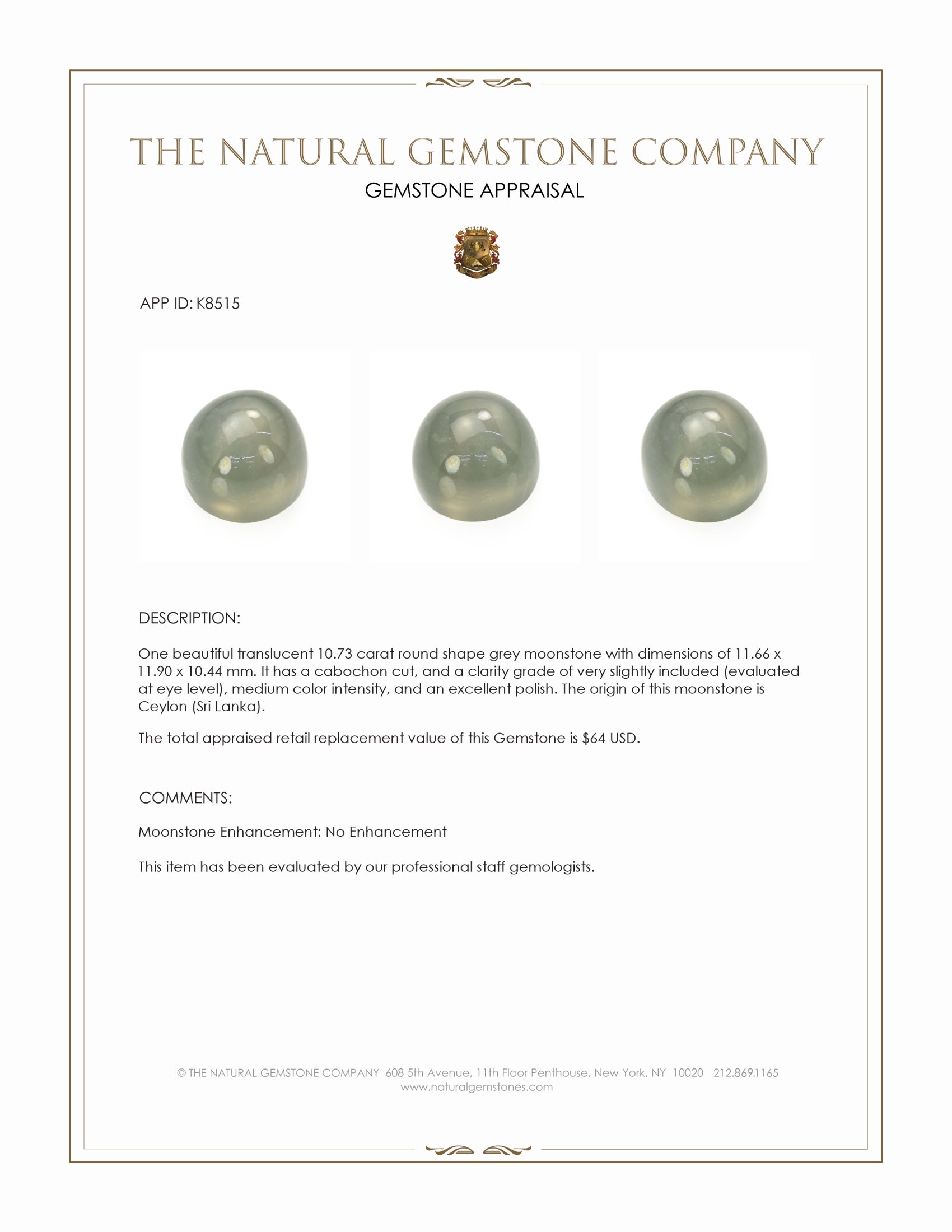 10.73 Ct. Cabochon Moonstone from Ceylon (Sri Lanka)