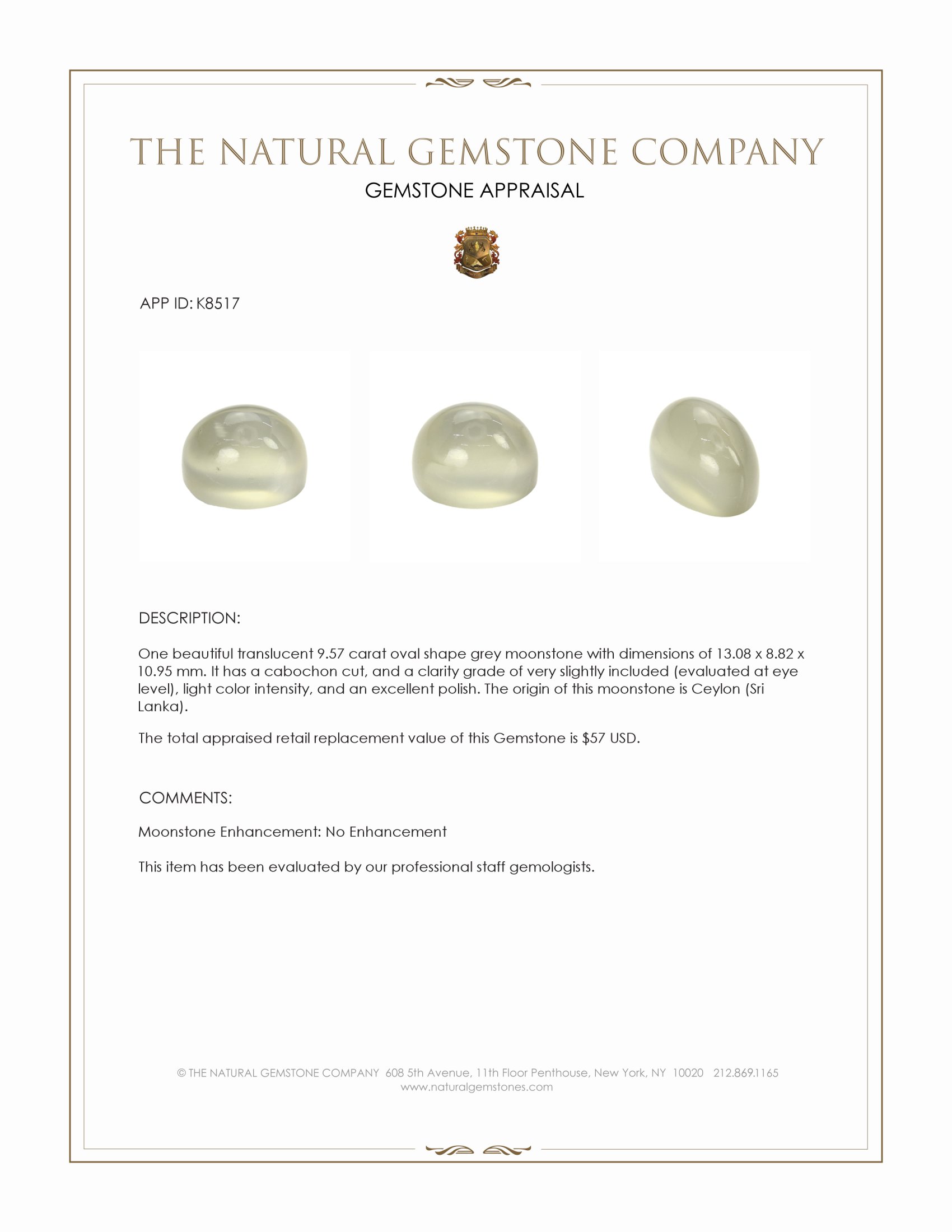 9.57 Ct. Grey Cabochon Moonstone from Ceylon (Sri Lanka)