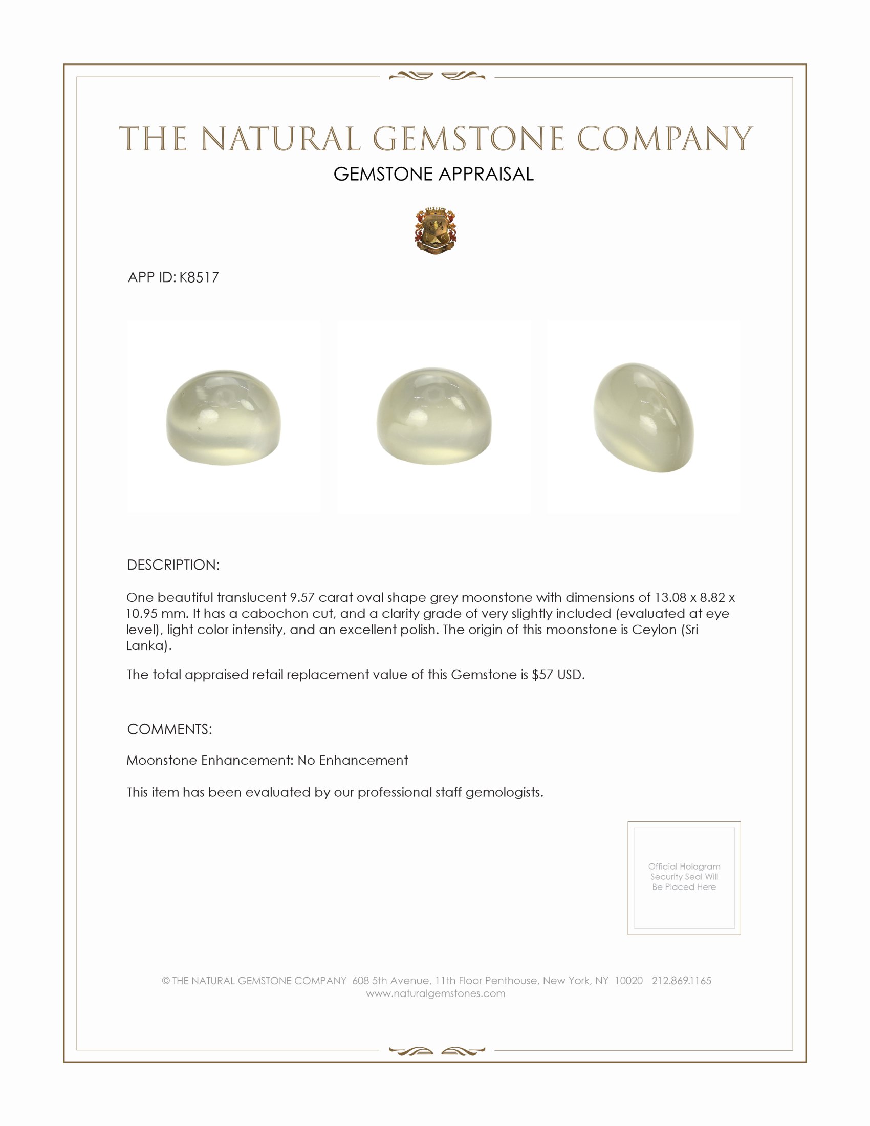 9.57 Ct. Cabochon Moonstone from Ceylon (Sri Lanka)