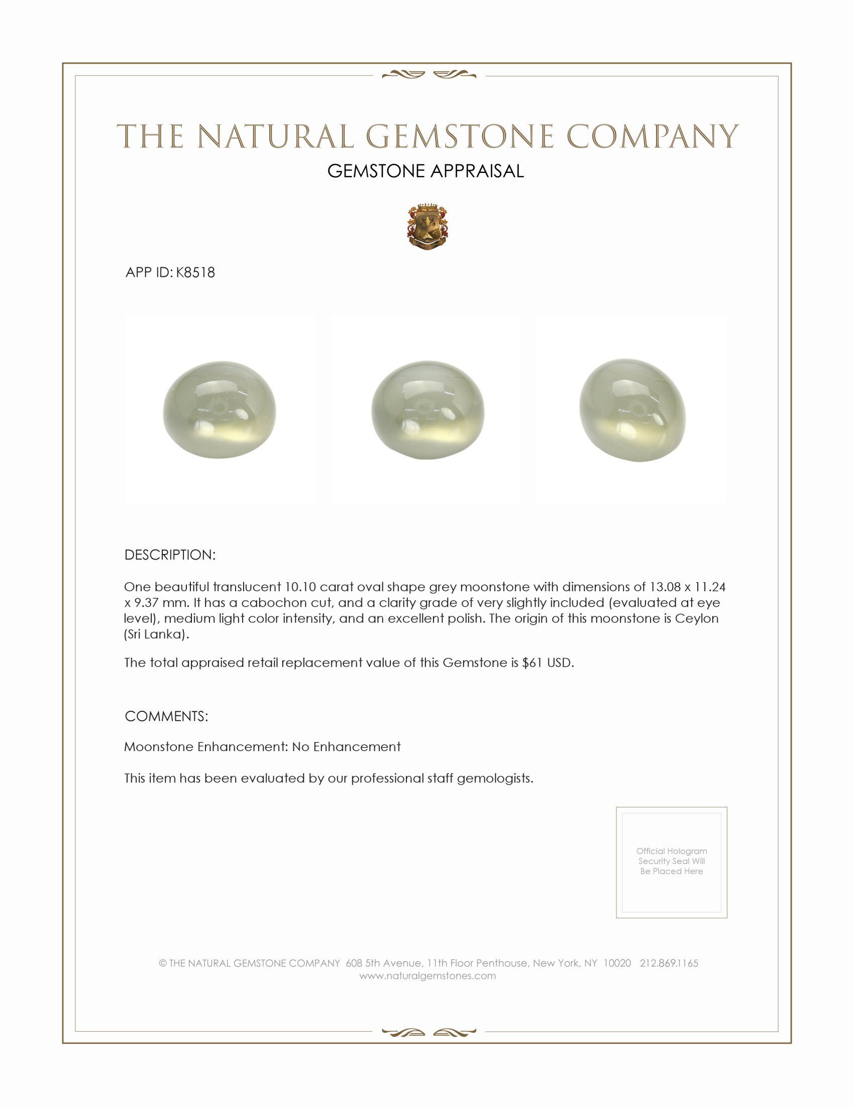 10.10 Ct. Grey Cabochon Moonstone from Ceylon (Sri Lanka)